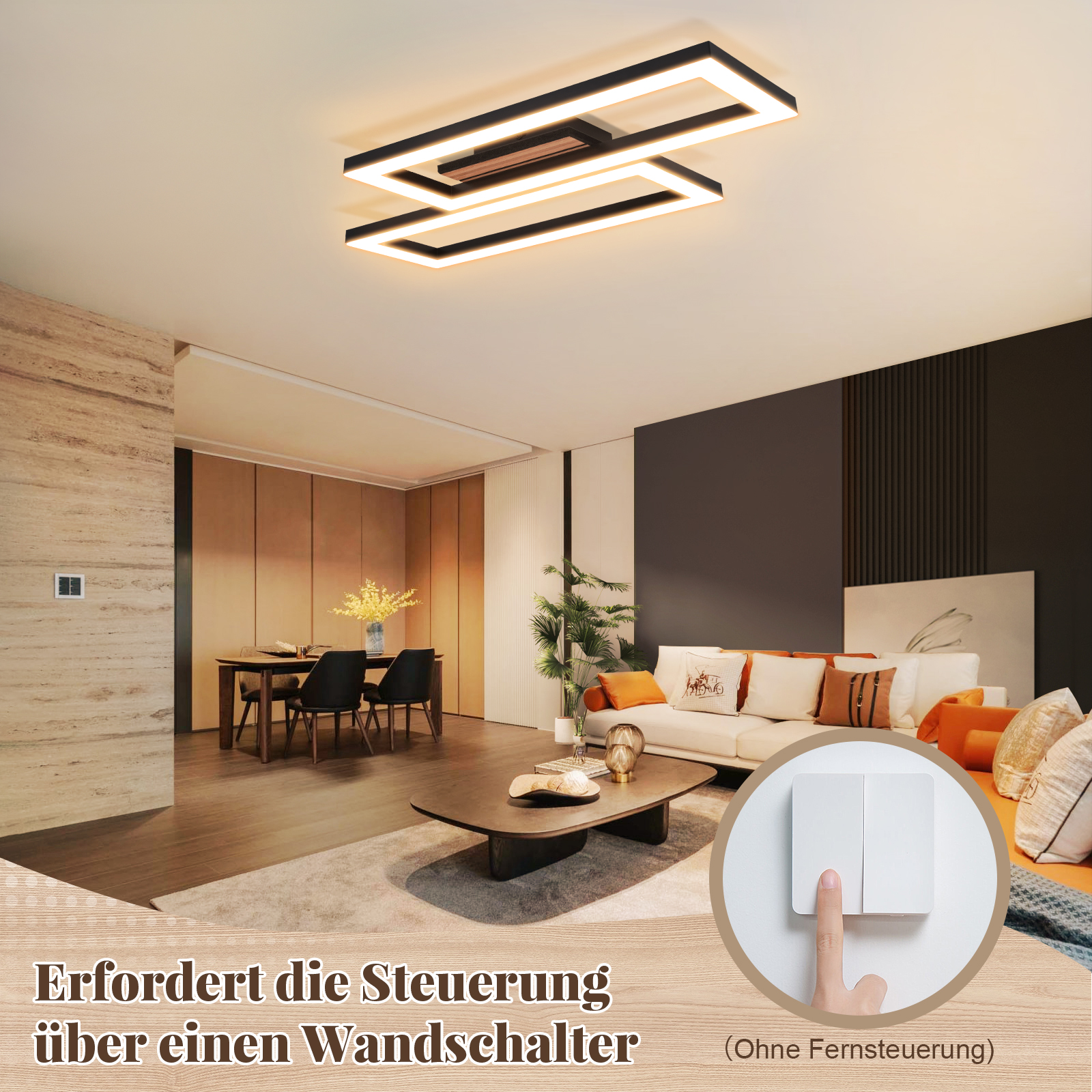 Modernes Wohnzimmer mit Deckenleuchte, Esstisch und Sofa. Lichtschalter im Fokus.