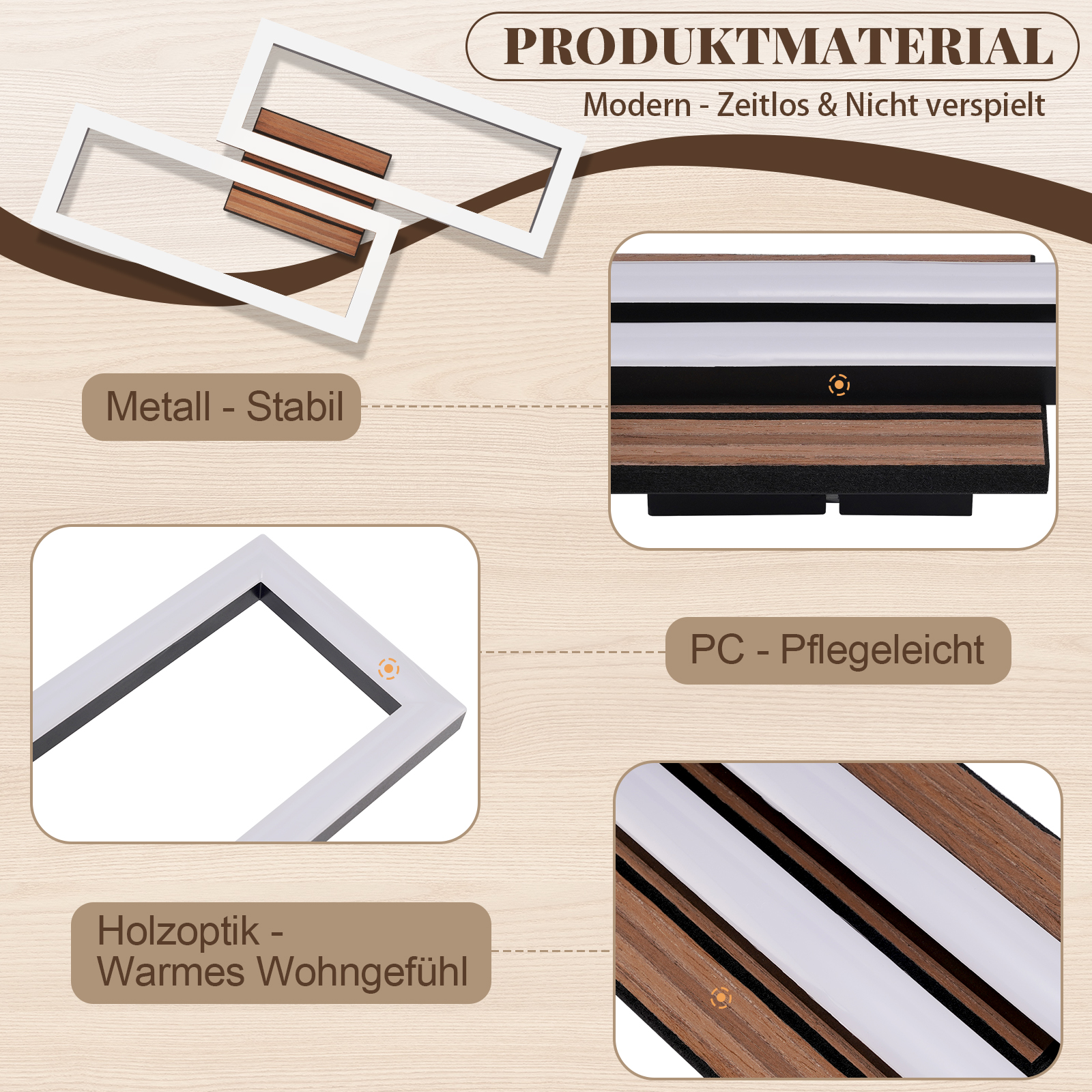 Produktmaterialien: Metall, Holzoptik und PC. Modern, stabil und pflegeleicht.