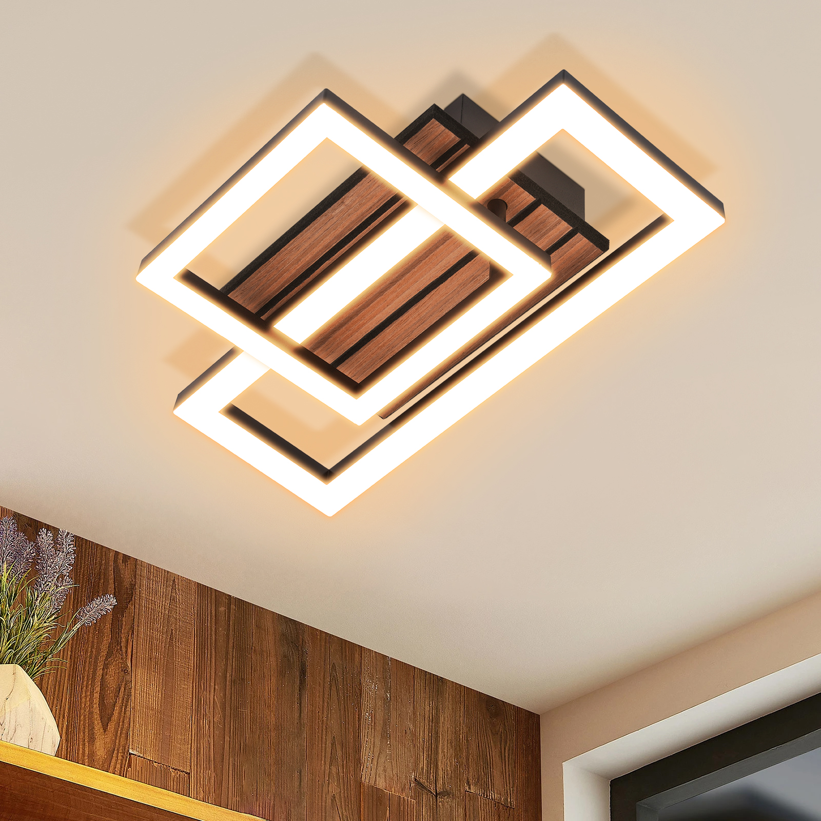 Moderne Deckenleuchte mit verschlungenen Rechtecken und Holzdetails.