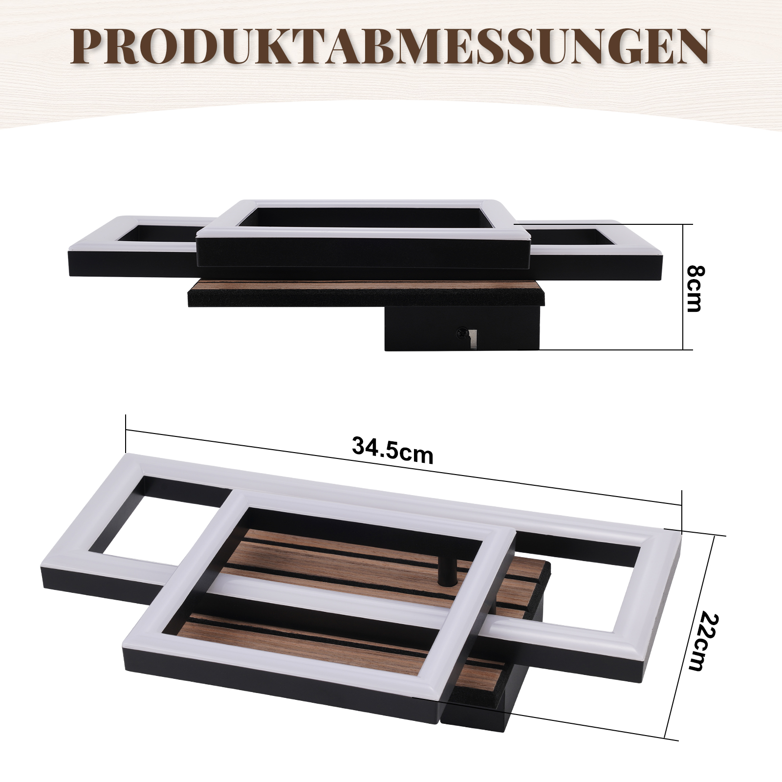 Produktmaße: 34,5 cm L, 22 cm B, 8 cm H. Schwarz und Holz.
