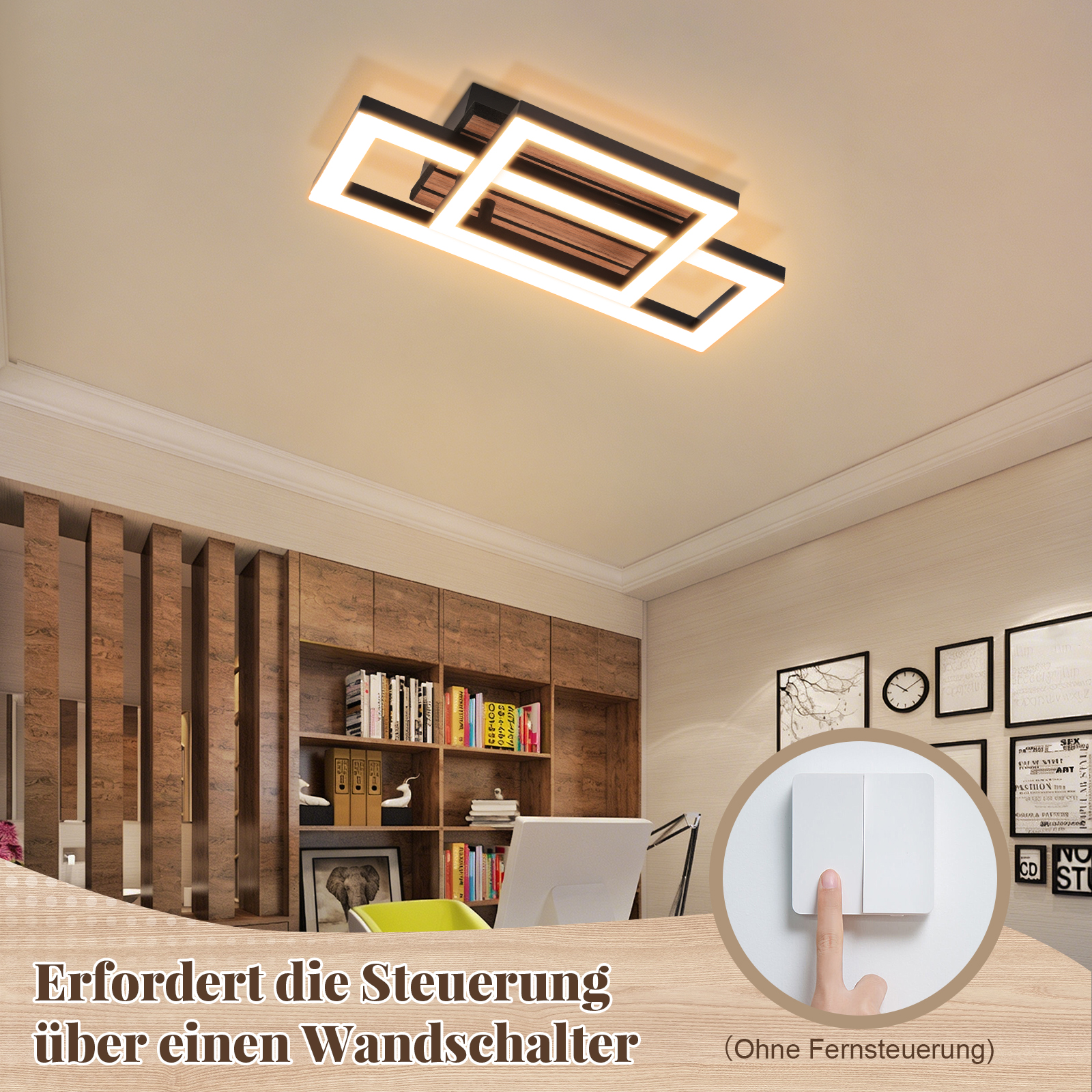 Moderne Deckenleuchte mit Holzdetails, gesteuert über Wandschalter.