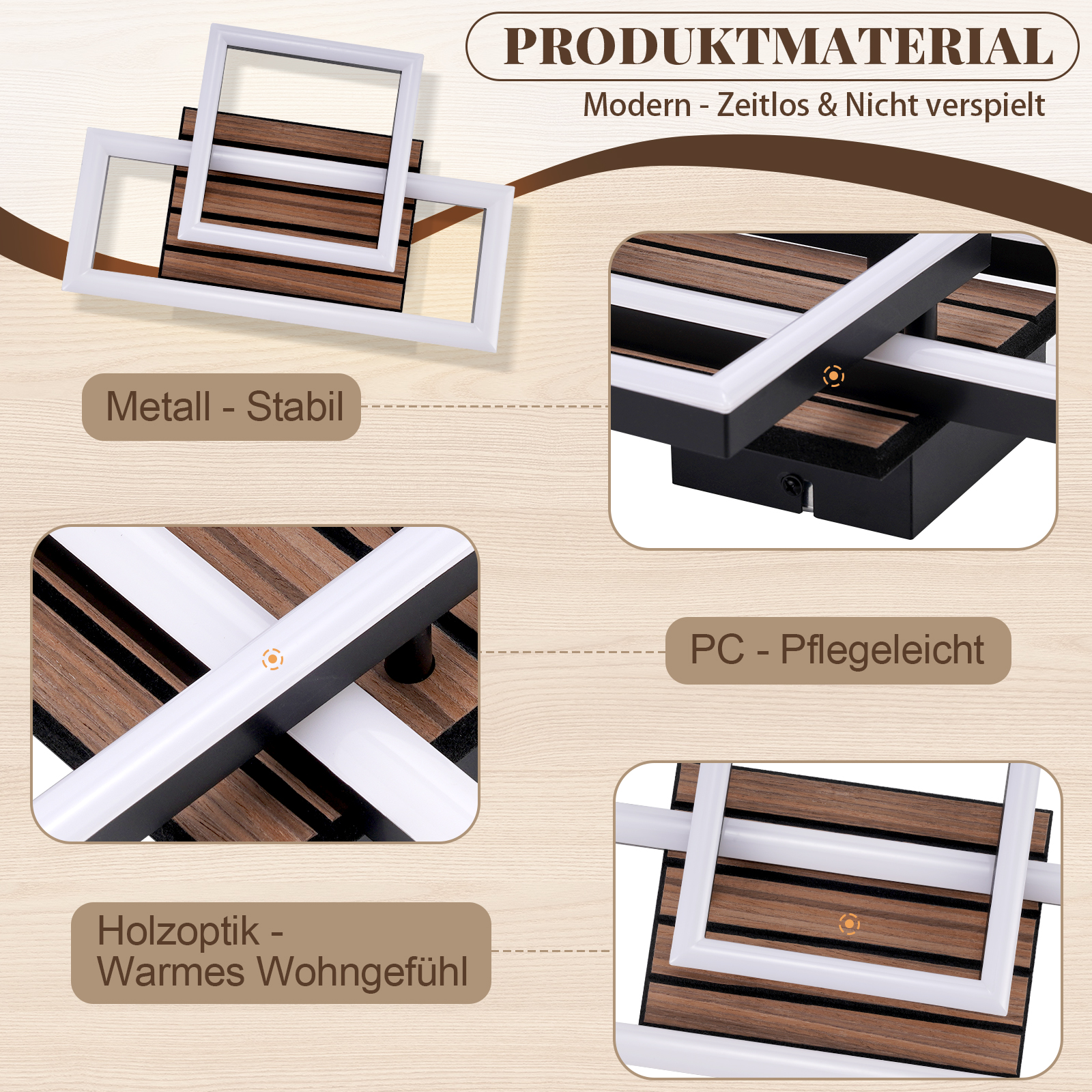 Produktmaterial: Metall, Holzoptik, PC. Modern, stabil und pflegeleicht.