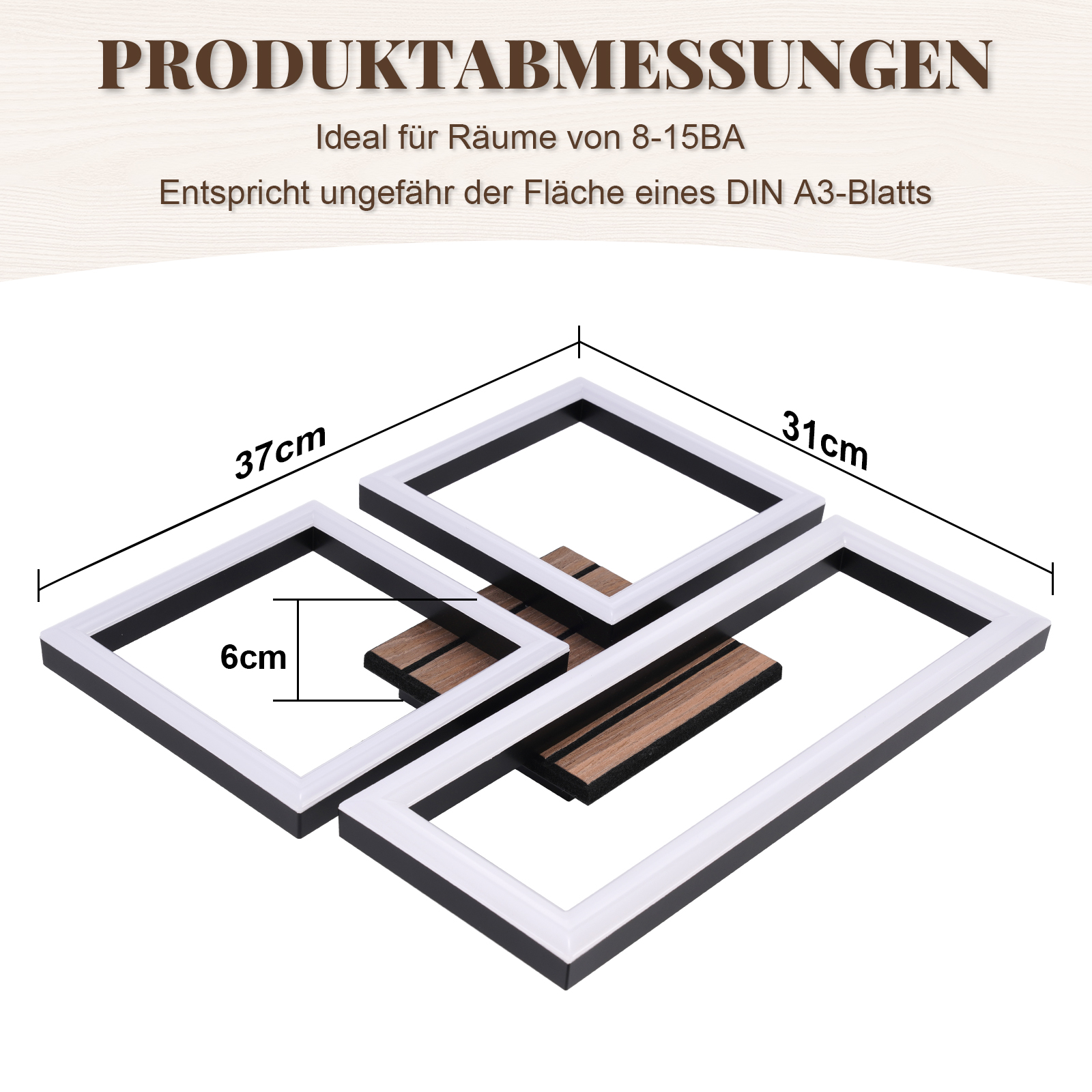 Drei weiße und schwarze Rahmen mit Maßen 37cm und 31cm, Tiefe 6cm.