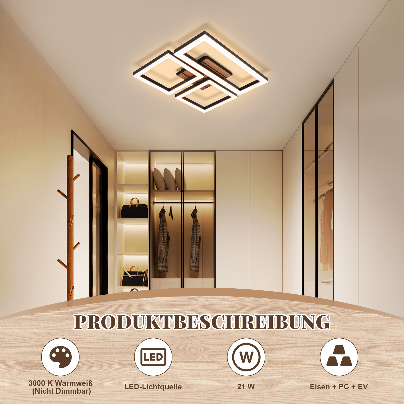 Moderne Deckenleuchte mit quadratischen Rahmen, 3000K, LED, 21W, Eisen/PC/EV.