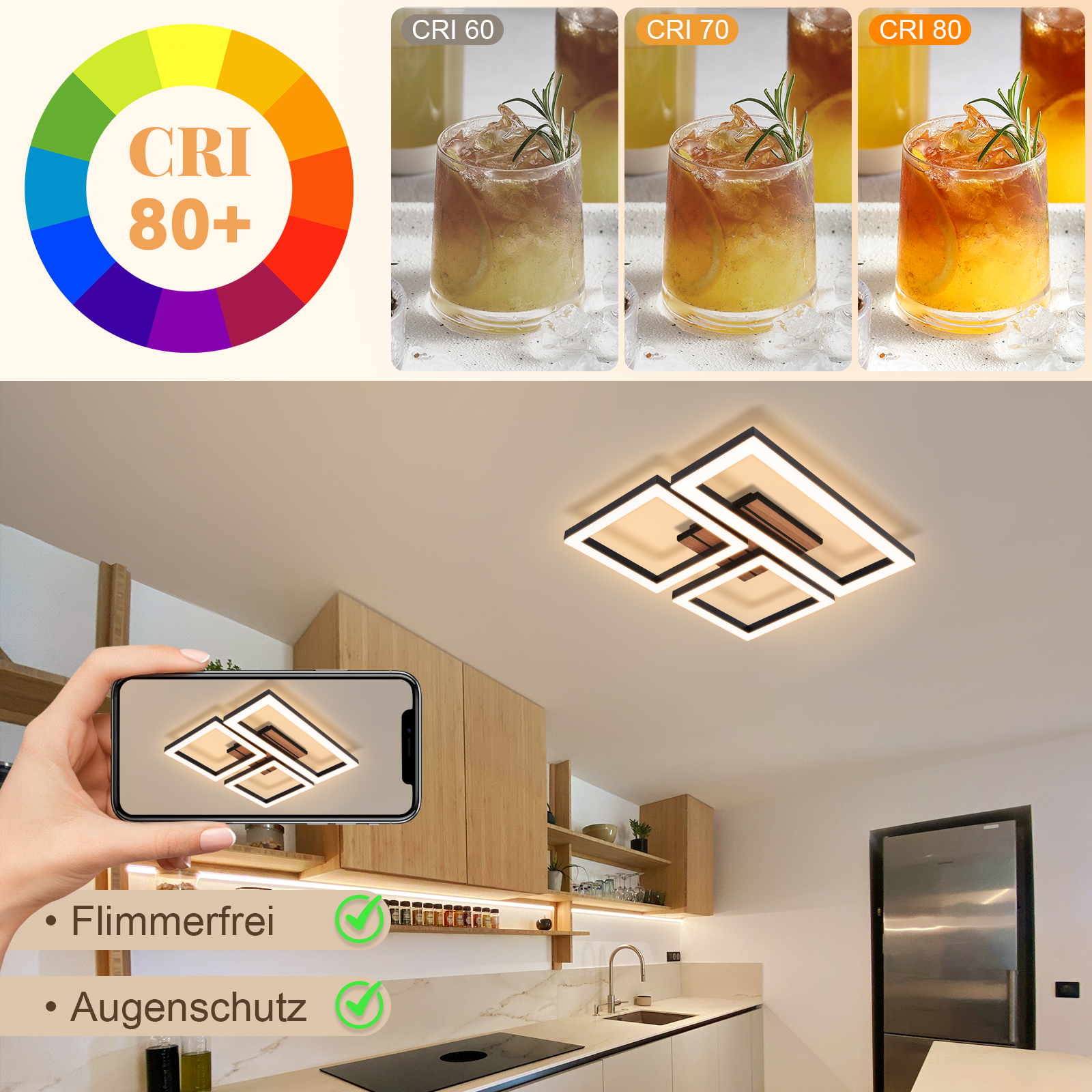 Ein moderner Deckenventilator mit vier quadratischen Leuchten, die von einem Smartphone gezeigt werden.