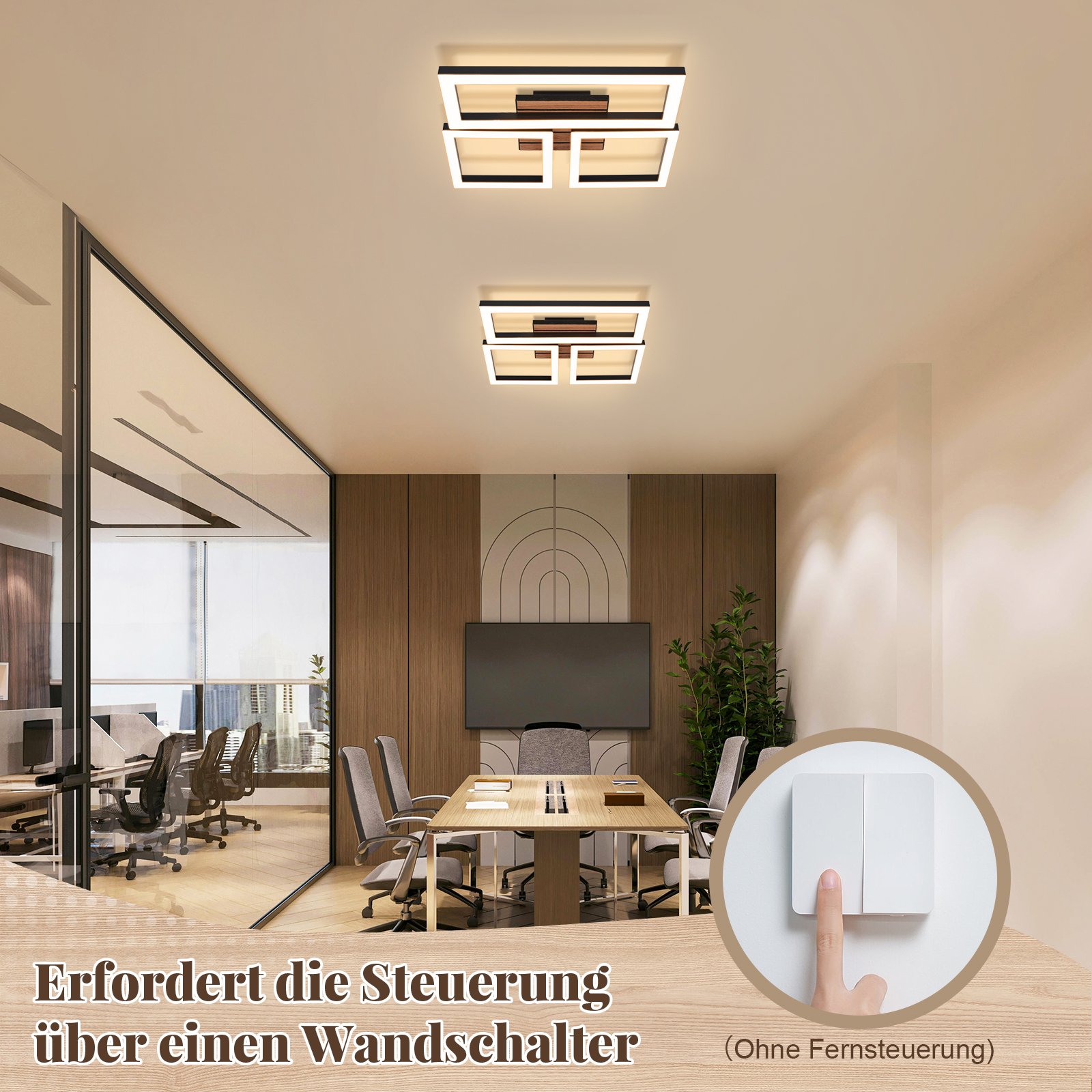 Modernes Büro mit zwei Deckenleuchten, einem Konferenztisch und einem Lichtschalter.