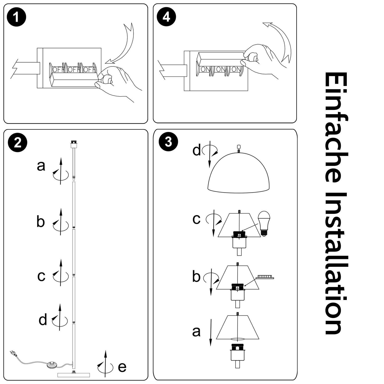Instrucciones paso a paso para una lámpara de pie: insertar baterías, ensamblar postes, colocar pantalla.