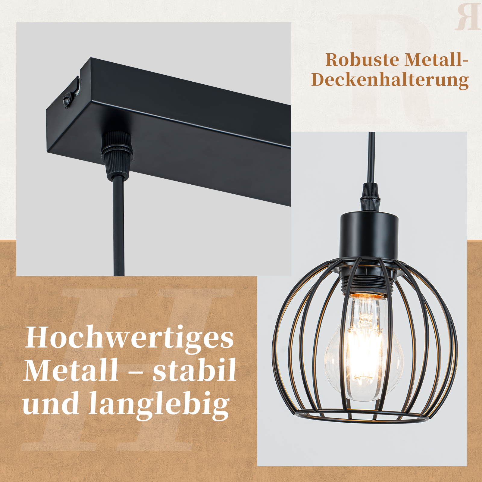 Czarna lampa wisząca z kloszem klatkowym i widoczną żarówką.
