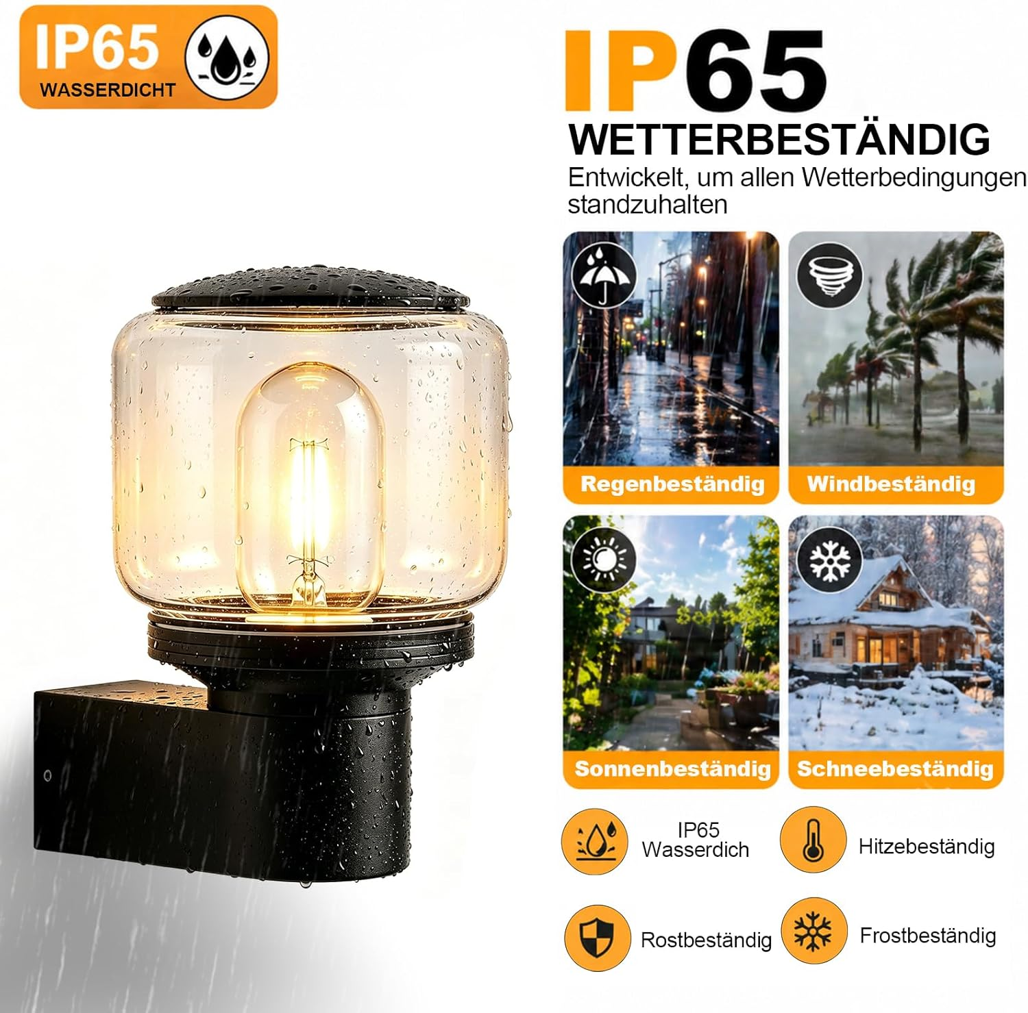 IP65 wetterfeste Außenleuchte mit Glühbirne, Regentropfen und Wetter Icons.