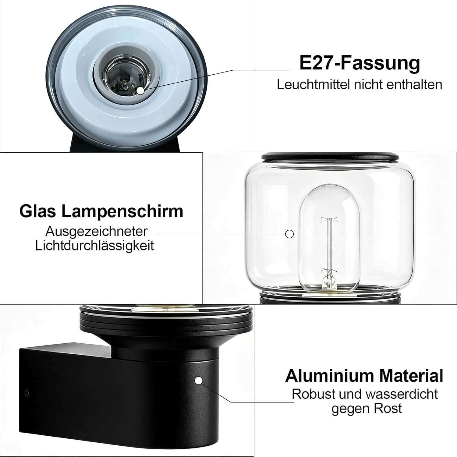 Mehrere Ansichten einer Lampe: E27-Fassung, Glaslampenschirm, Aluminiummaterial.