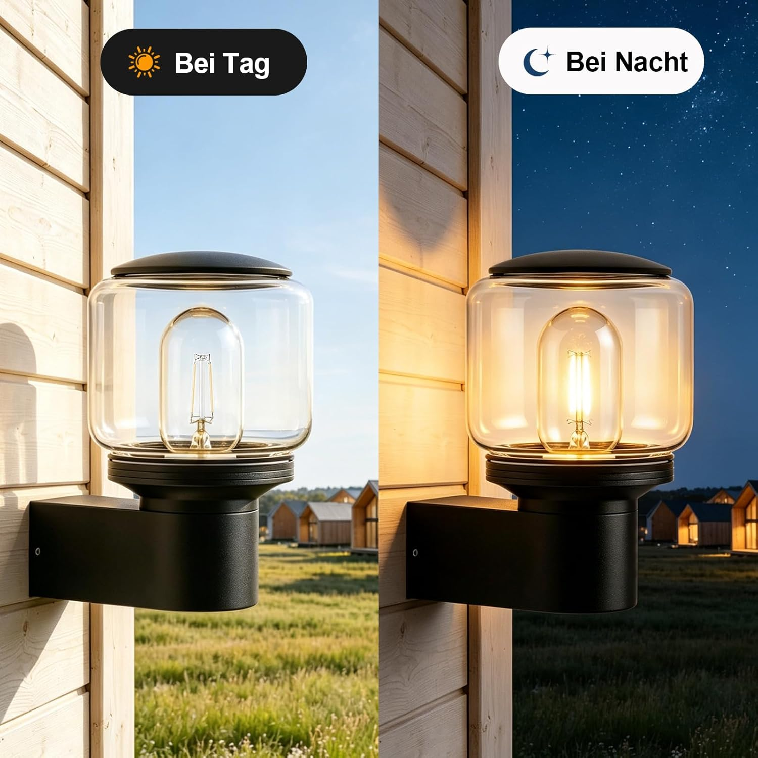 Außenleuchte bei Tag und Nacht vor Holzwand und Häusern.