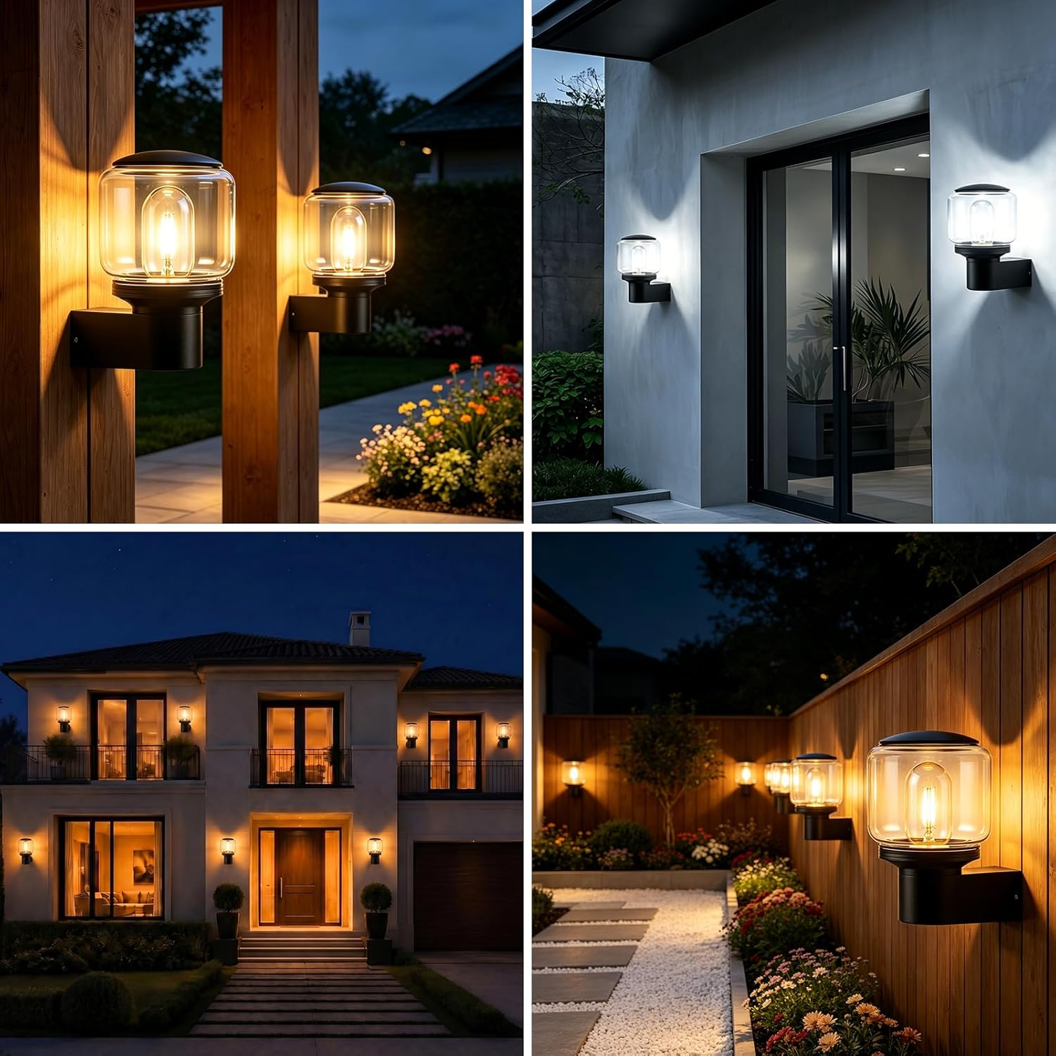 Moderne Außenleuchten beleuchten Holzzaun, Hauswand und Gartenweg bei Nacht.