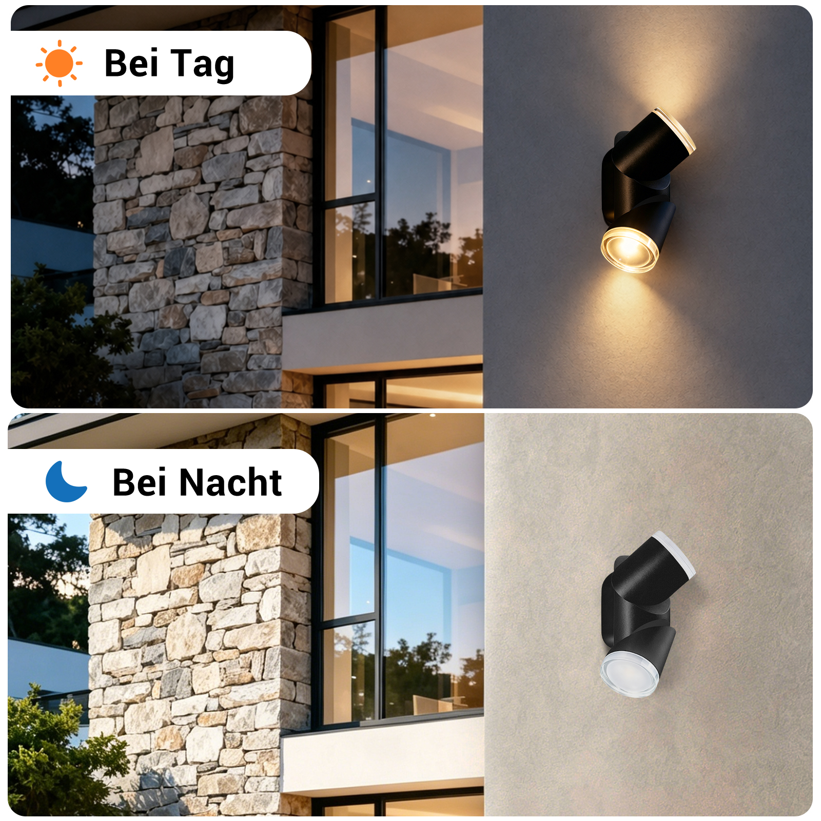 Zwei Ansichten einer Wandleuchte: oben beleuchtet, unten ausgeschaltet.