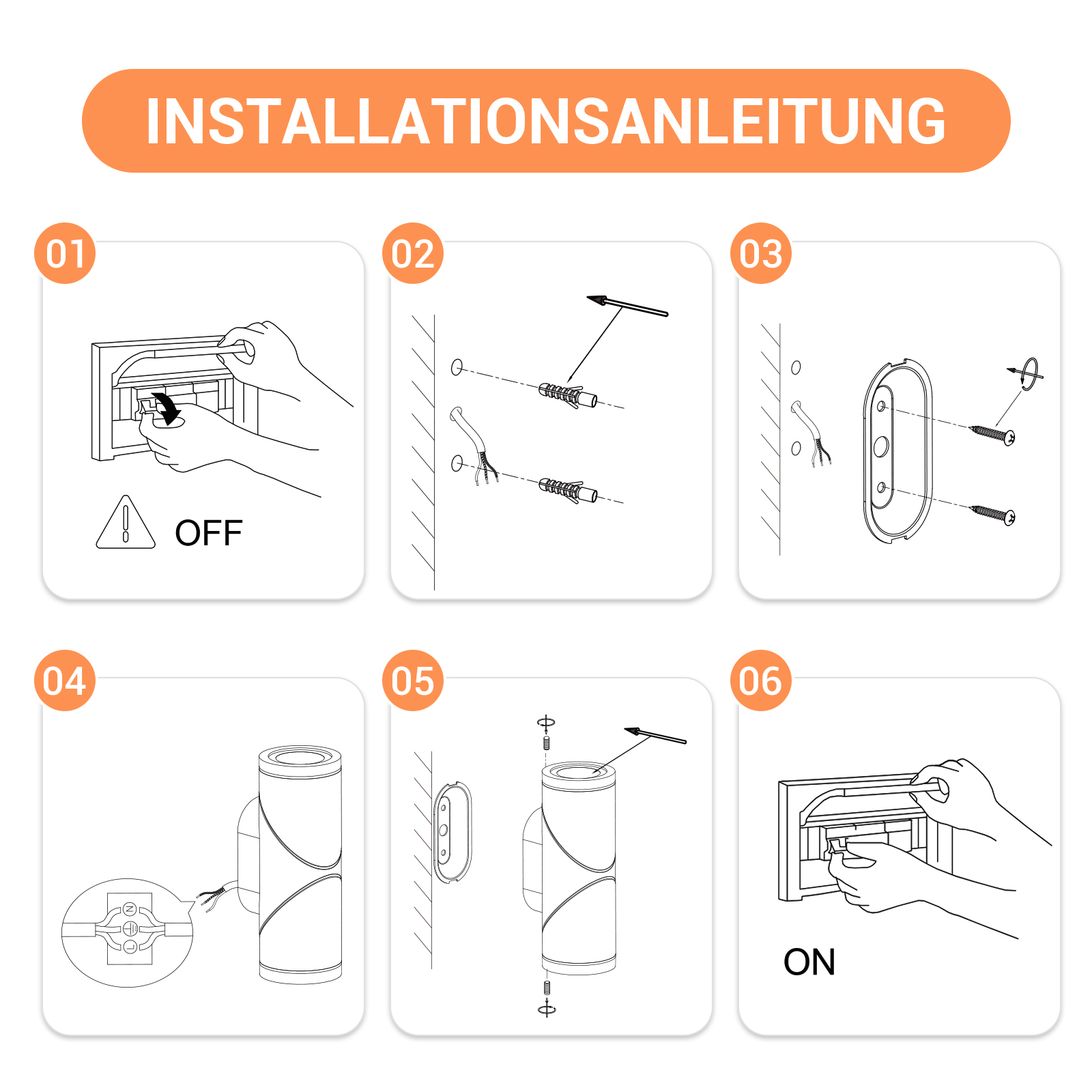 Anleitung: Sicherung ausschalten, Bohrlöcher markieren, Halterung montieren, Lampe anschließen, Lampe befestigen, Sicherung einschalten.