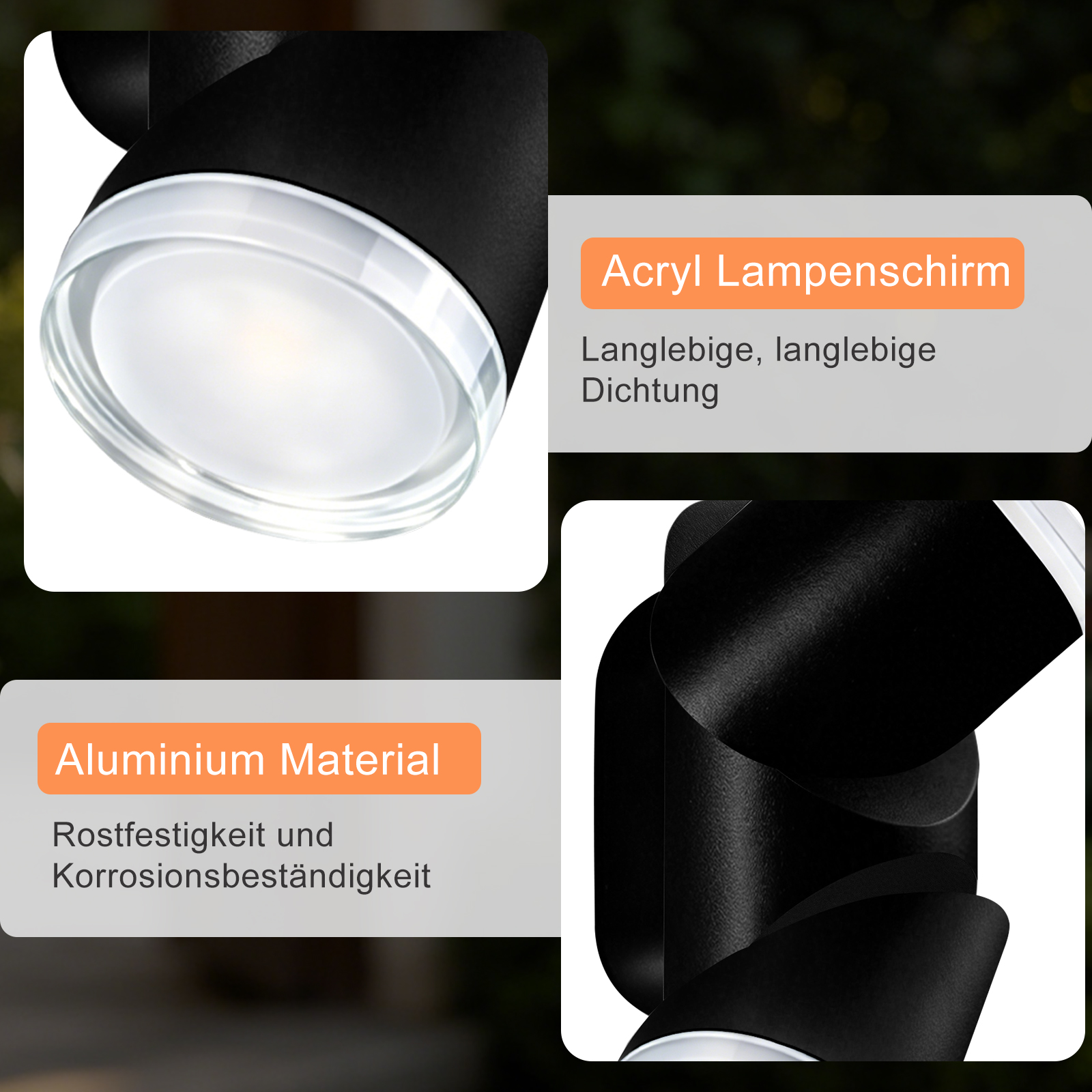 Schwarze Lampe mit Acryl-Lampenschirm und Aluminiumgehäuse.