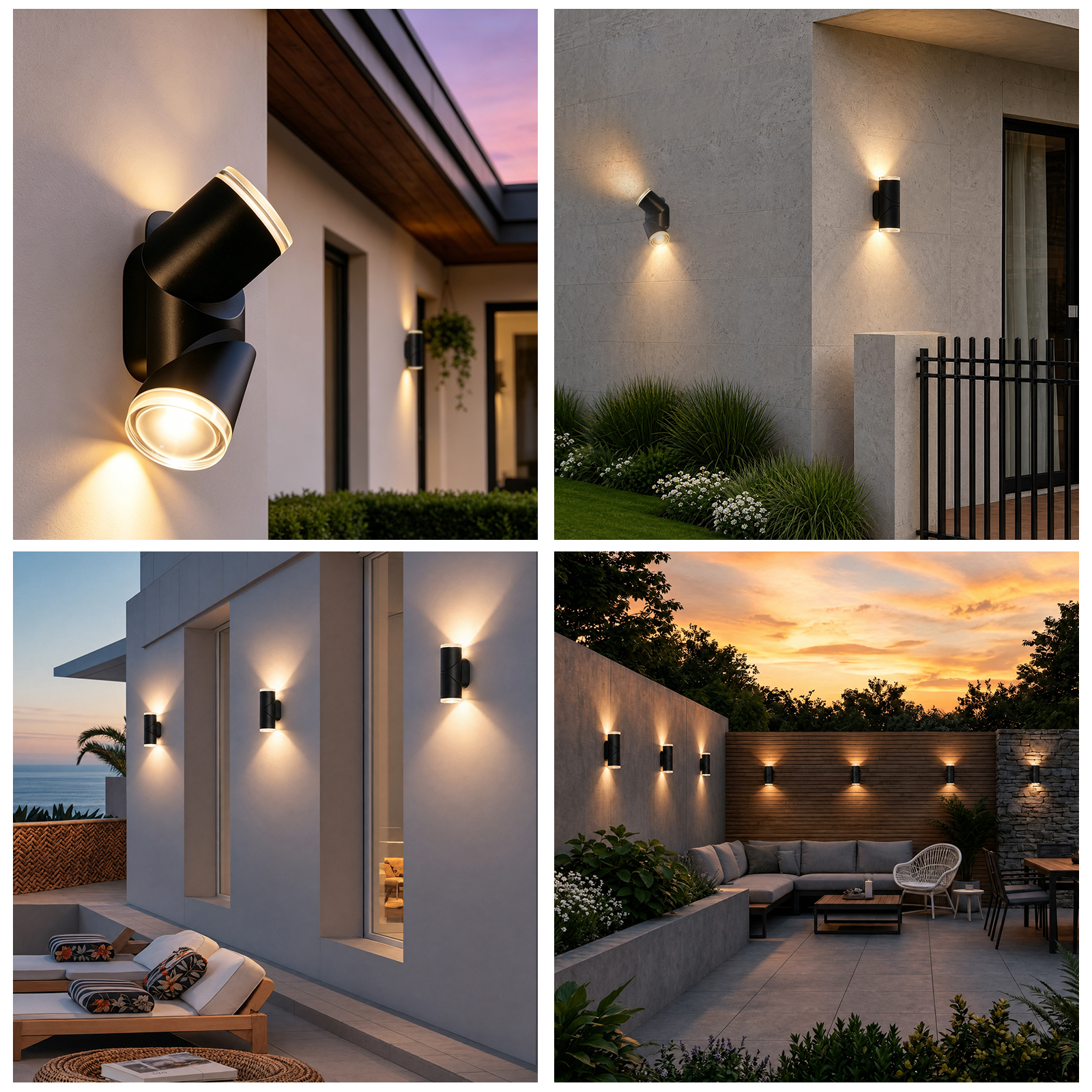 Moderne Außenleuchten beleuchten eine Hauswand mit Gartenmöbeln und Pflanzen bei Sonnenuntergang.