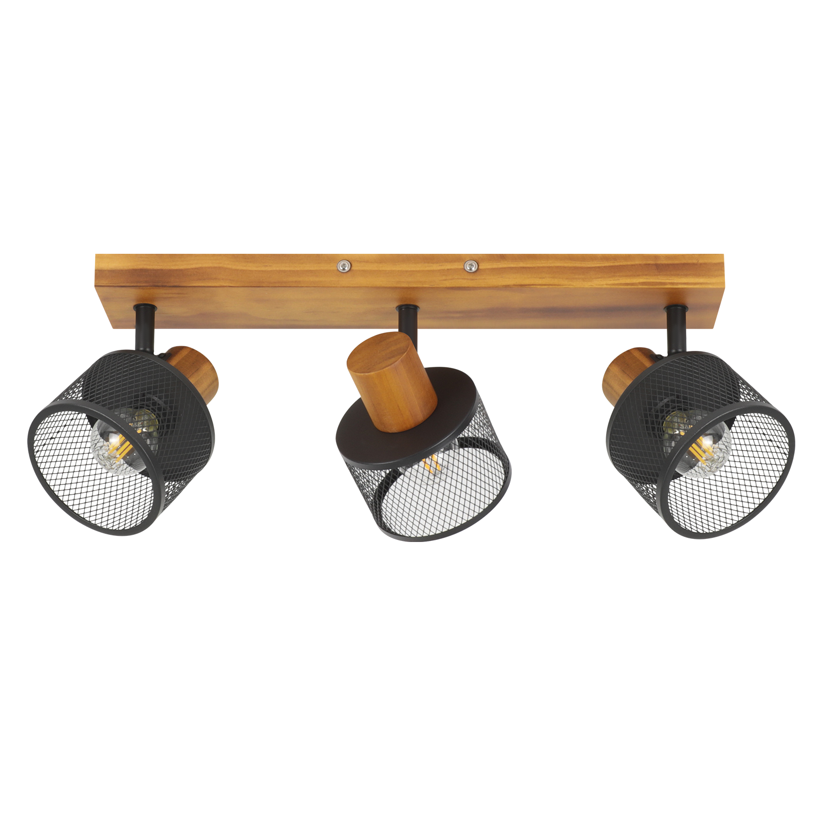 Deckenleuchte mit Holzsockel und drei schwarzen Metallschirm-Spots.