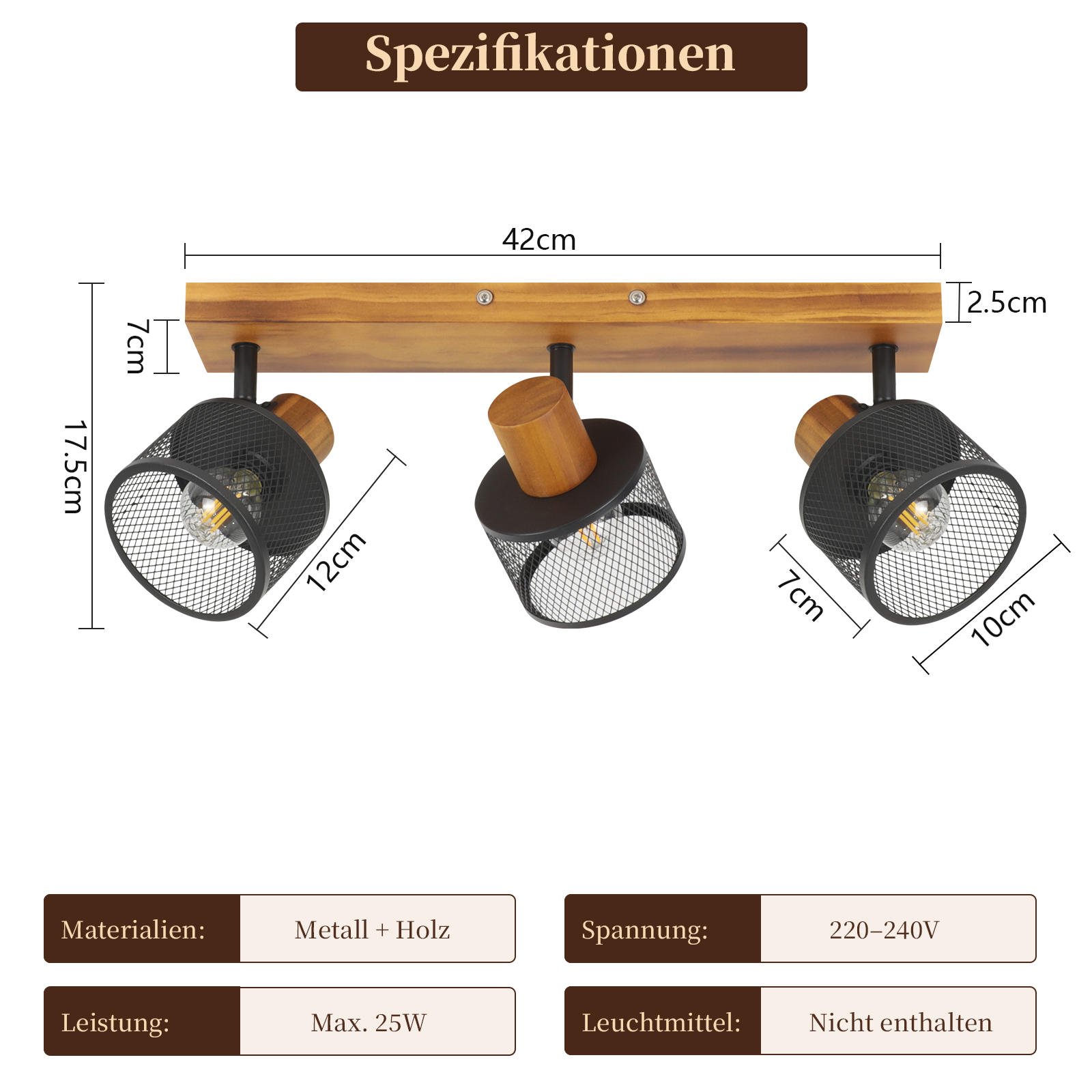 Deckenleuchte mit Holzleiste und drei schwarzen Metallkörben.
