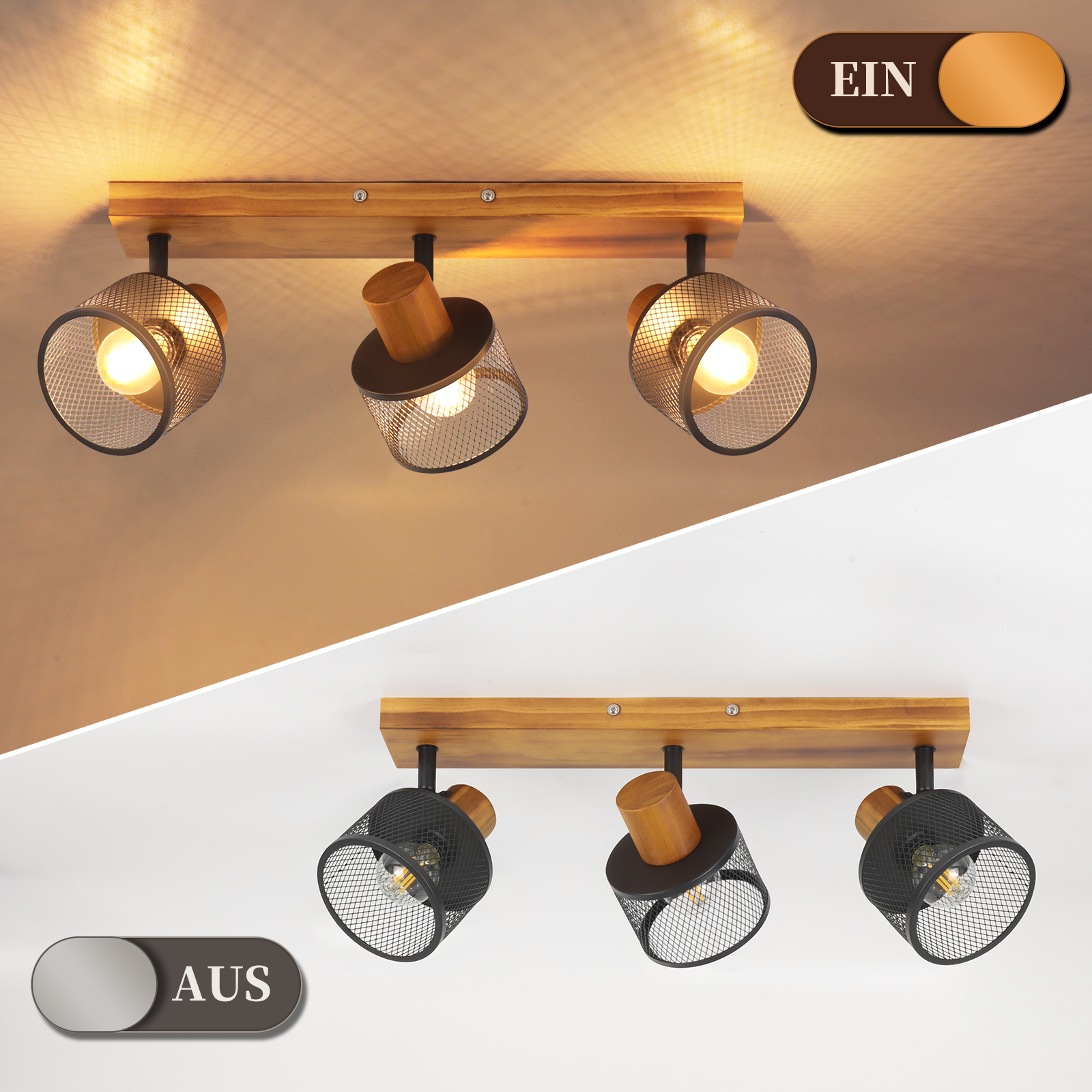 Holzdeckenleuchte mit drei verstellbaren Spots, schwarz und braun.