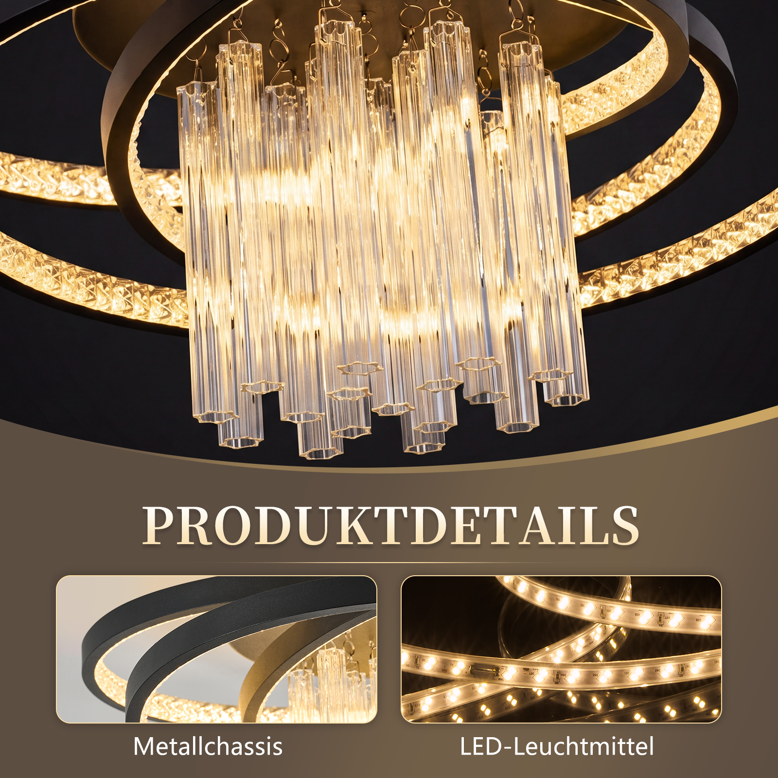 Kronleuchter mit Glasstäben und LED-Ringen, Metallrahmen und LED-Streifen.