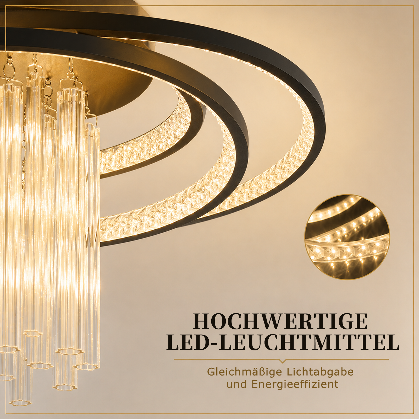 Moderne Deckenleuchte mit schwarzen Ringen, Kristallen und Glasröhren.