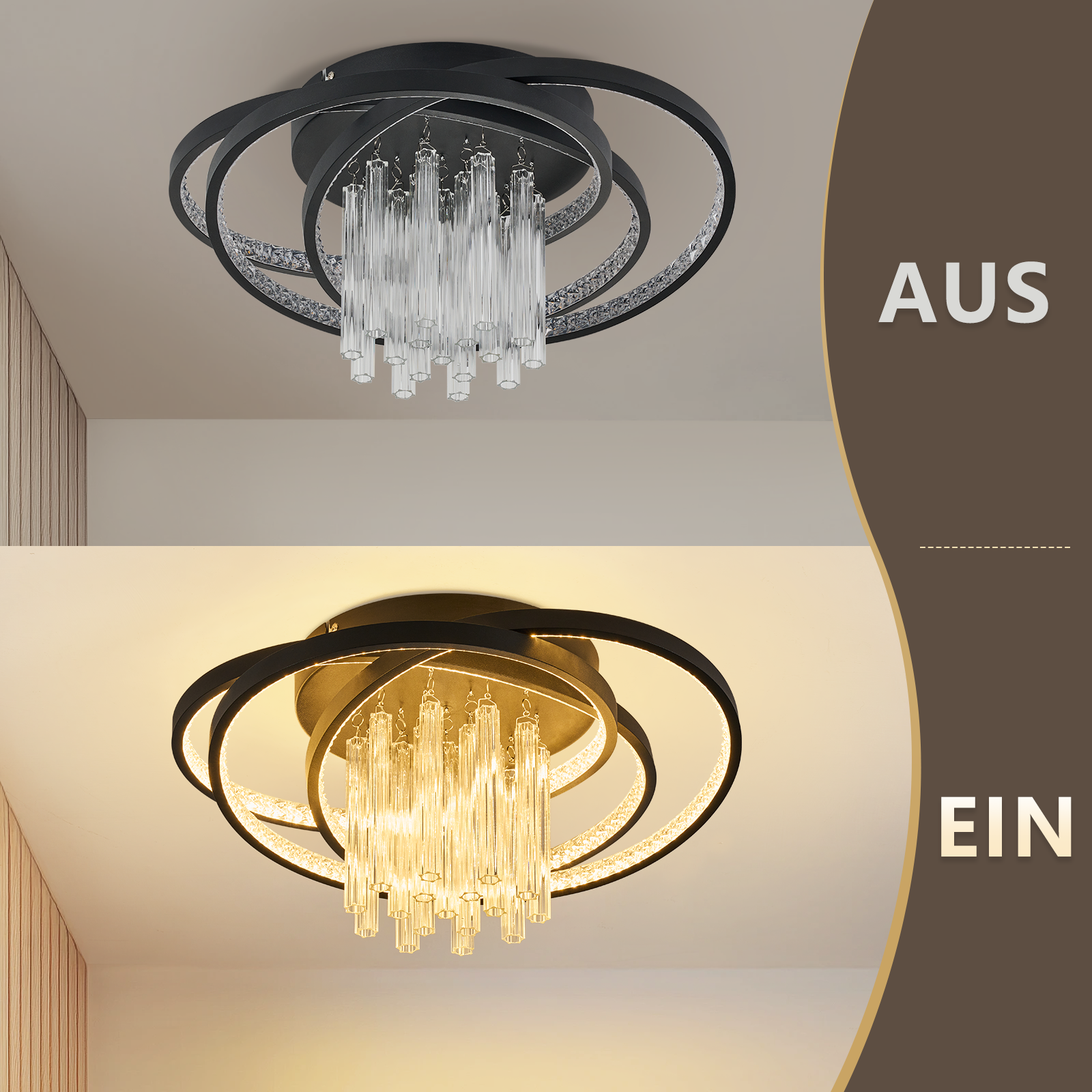 Moderne Deckenleuchte mit schwarzen Ringen und Kristallanhängern, ein/aus.