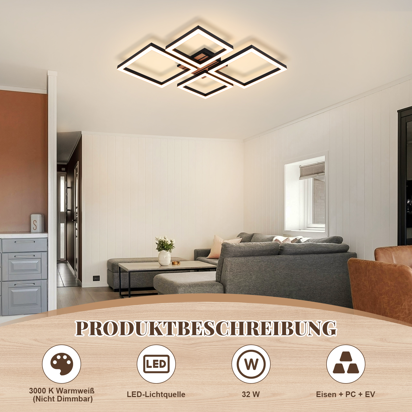 Modernes Wohnzimmer mit Deckenleuchte, Sofa und Beistelltisch.