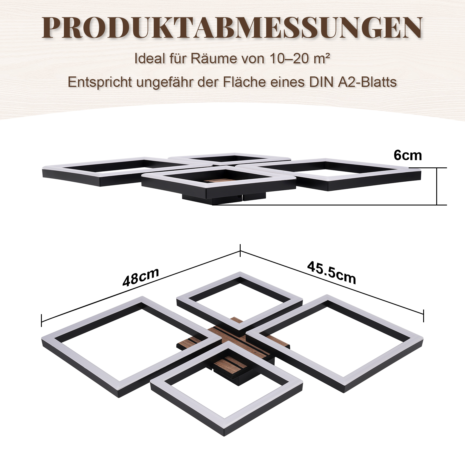 Abmessungen einer Deckenleuchte: 48x45.5cm, Tiefe 6cm.