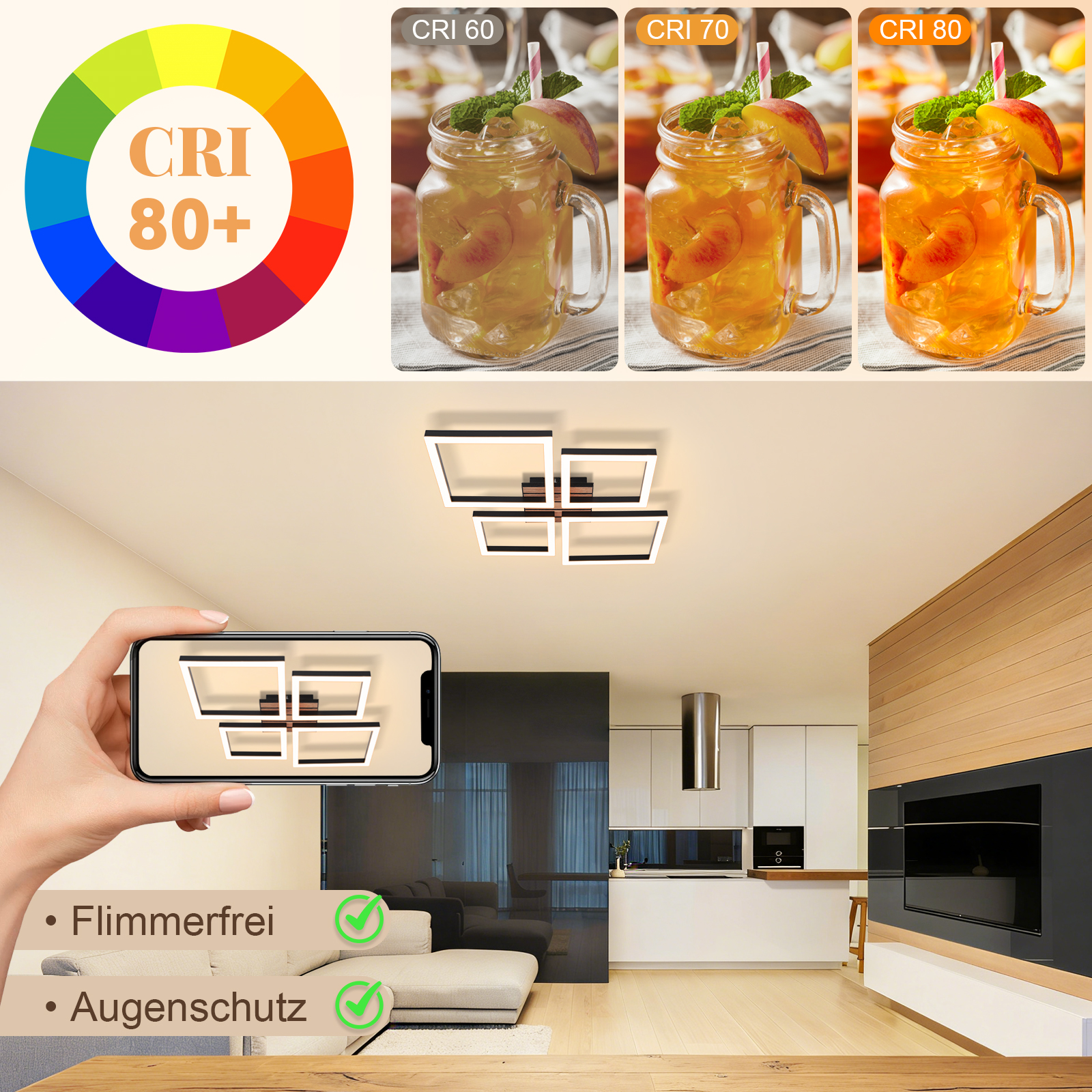 Eine Lampe mit vier Rahmen über einem Smartphone, das sie zeigt.