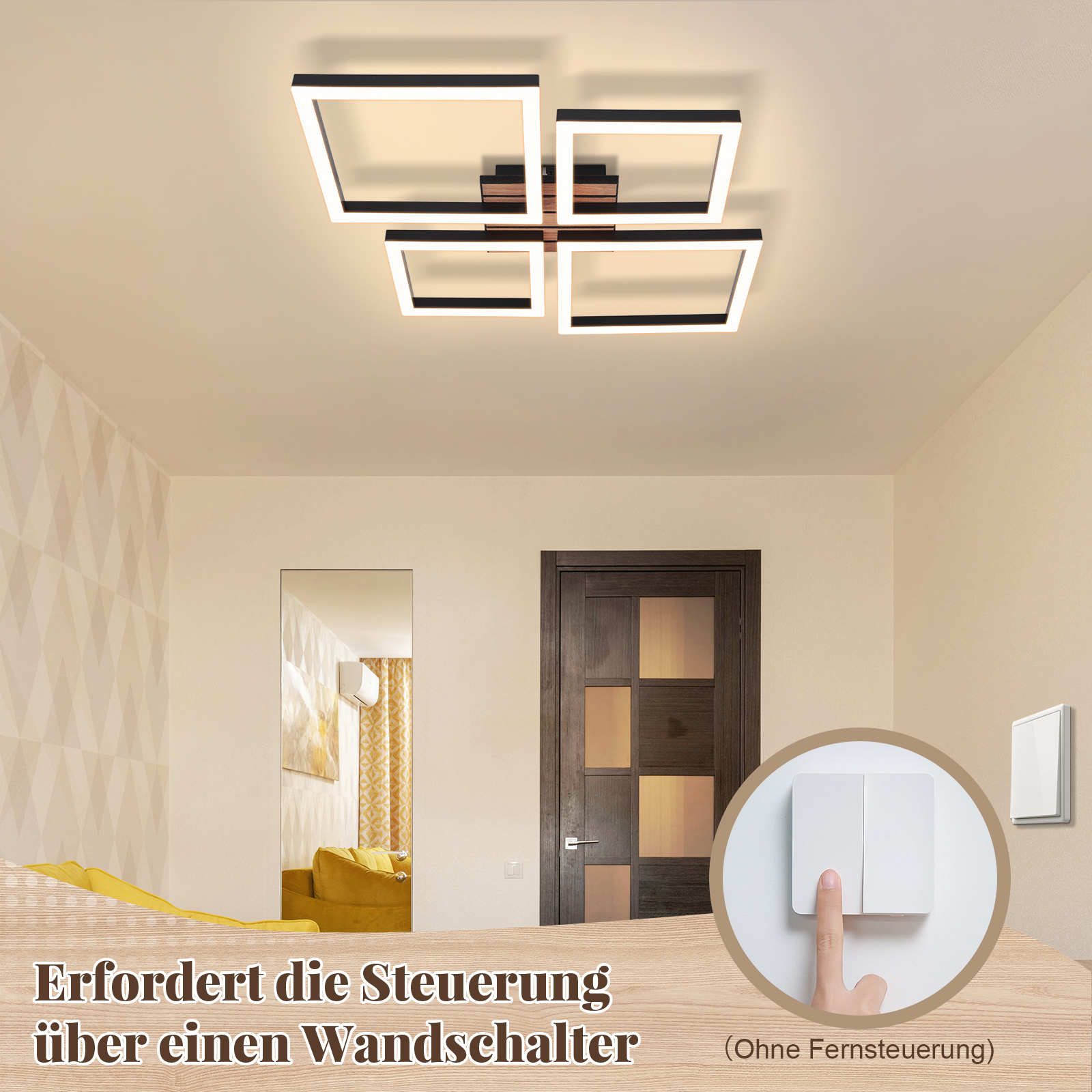 Moderner Deckenleuchter mit vier quadratischen Rahmen und Wandlichtschalter.