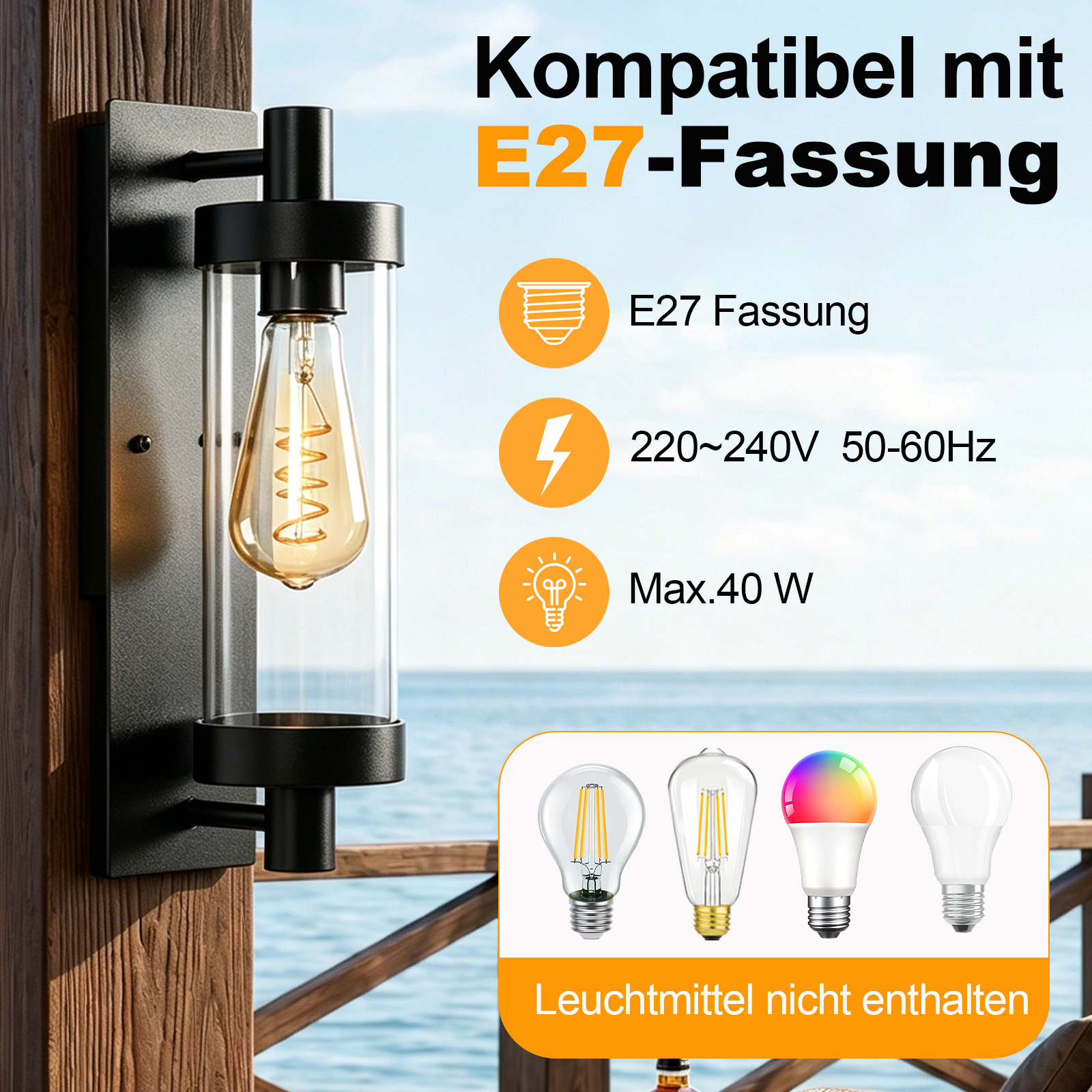 Wandleuchte mit E27-Fassung, 220-240V, max. 40W. Vier Glühbirnen gezeigt.