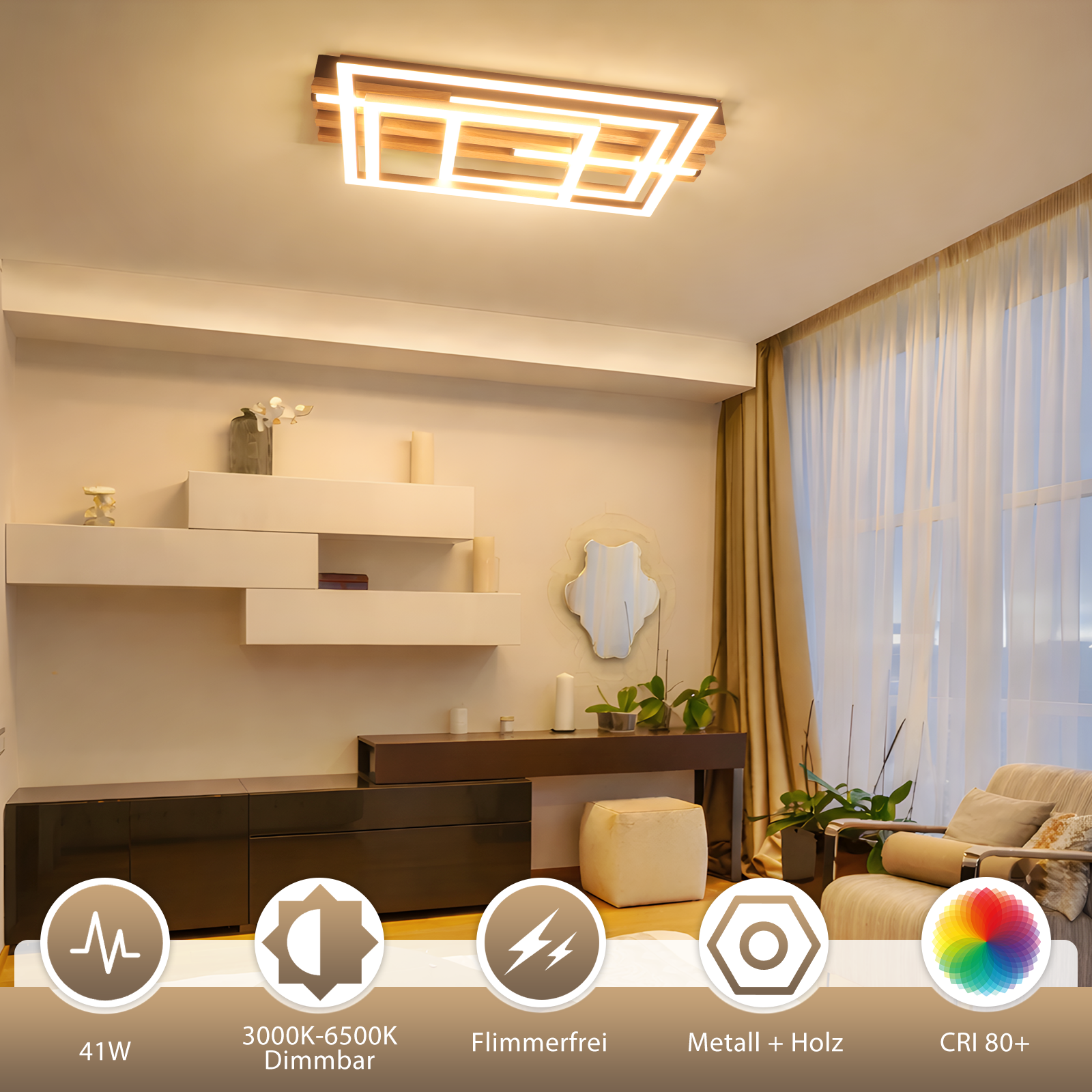 Moderne Deckenleuchte aus Holz und Metall mit LED-Licht.