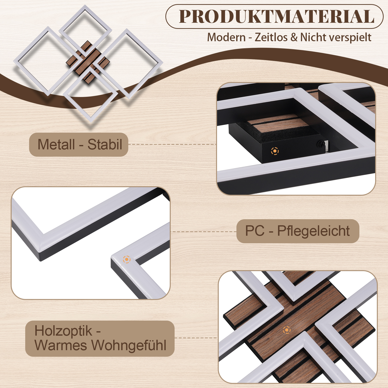 Moderne Wanddekoration mit Metallrahmen und Holzoptik-Elementen.