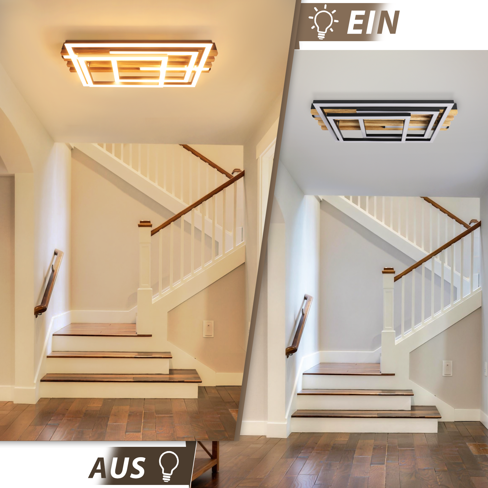 Moderne Holz-Deckenleuchte über einer Treppe, einmal ein und einmal aus.