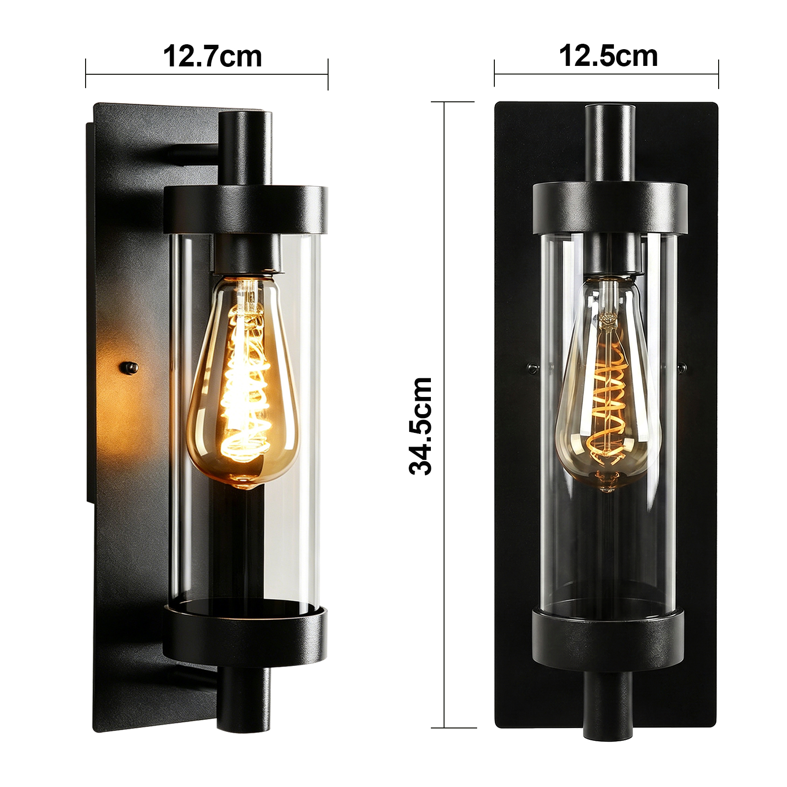 Zwei schwarze Wandleuchten mit Glaszylindern und Edison-Glühbirnen.