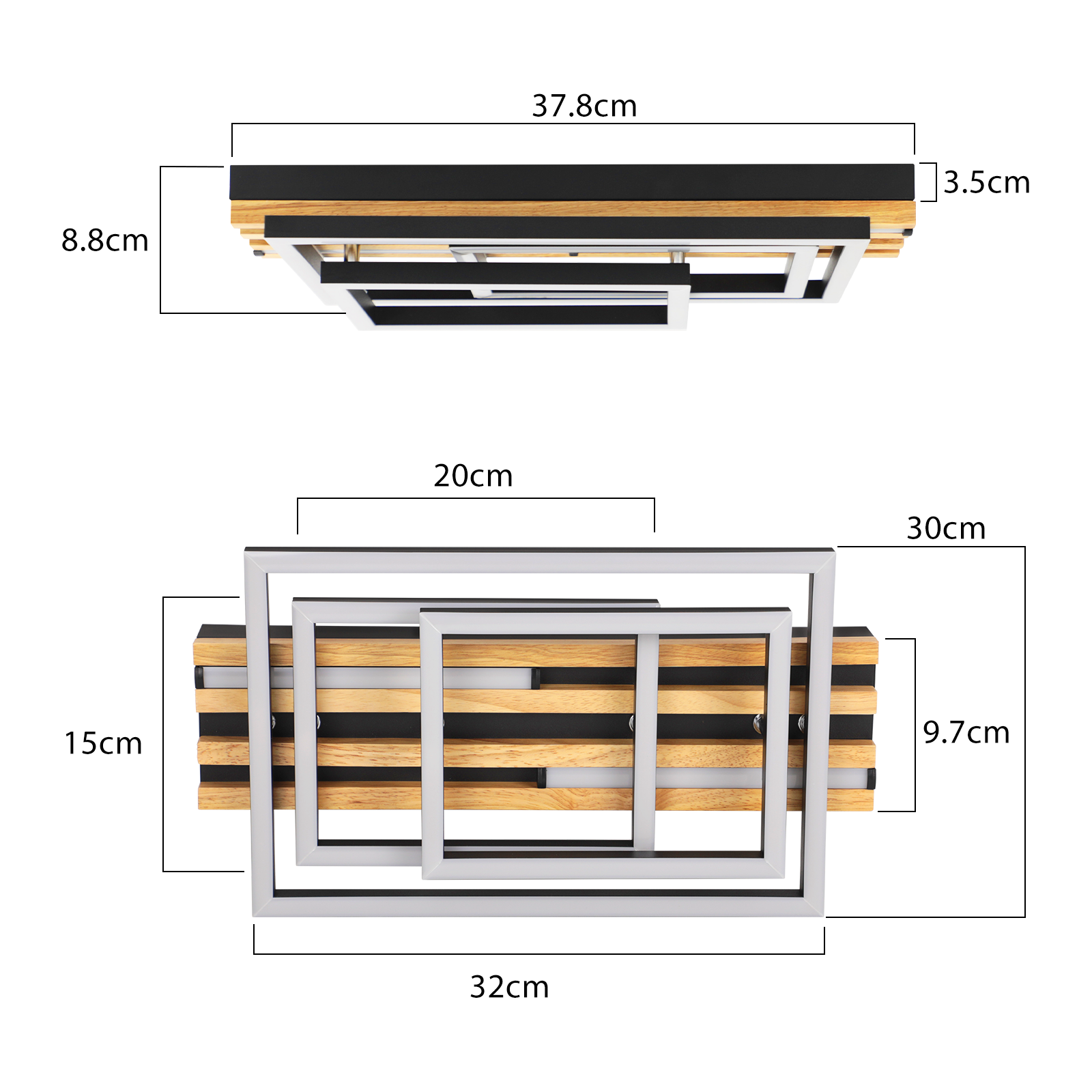 Deckenleuchte mit Holz- und Metallelementen, Maße sind angegeben.