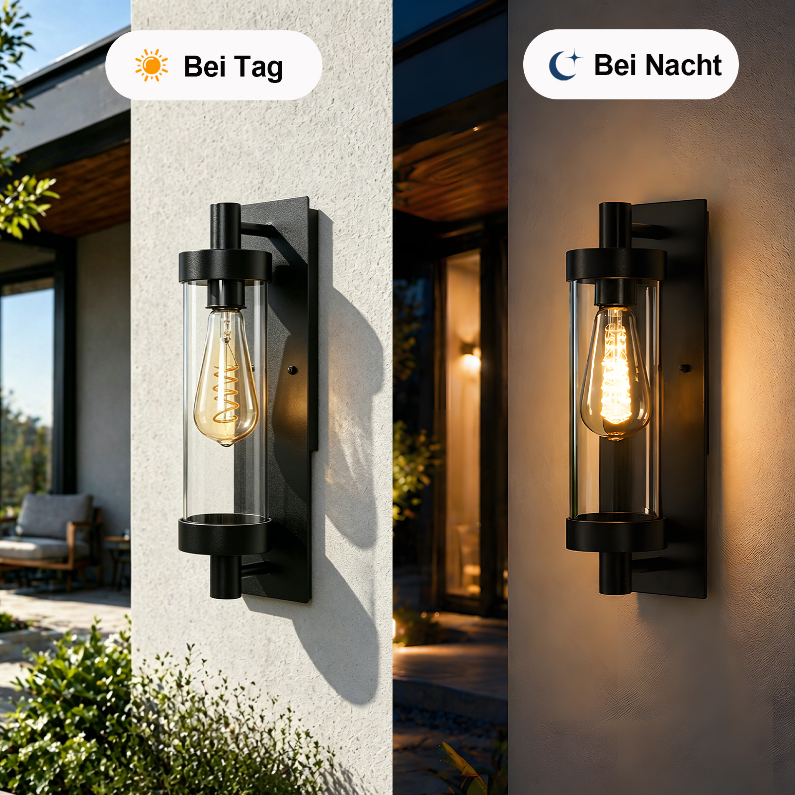 Moderne Wandleuchte mit Glaszylinder und Glühbirne, Tag und Nacht Ansicht.