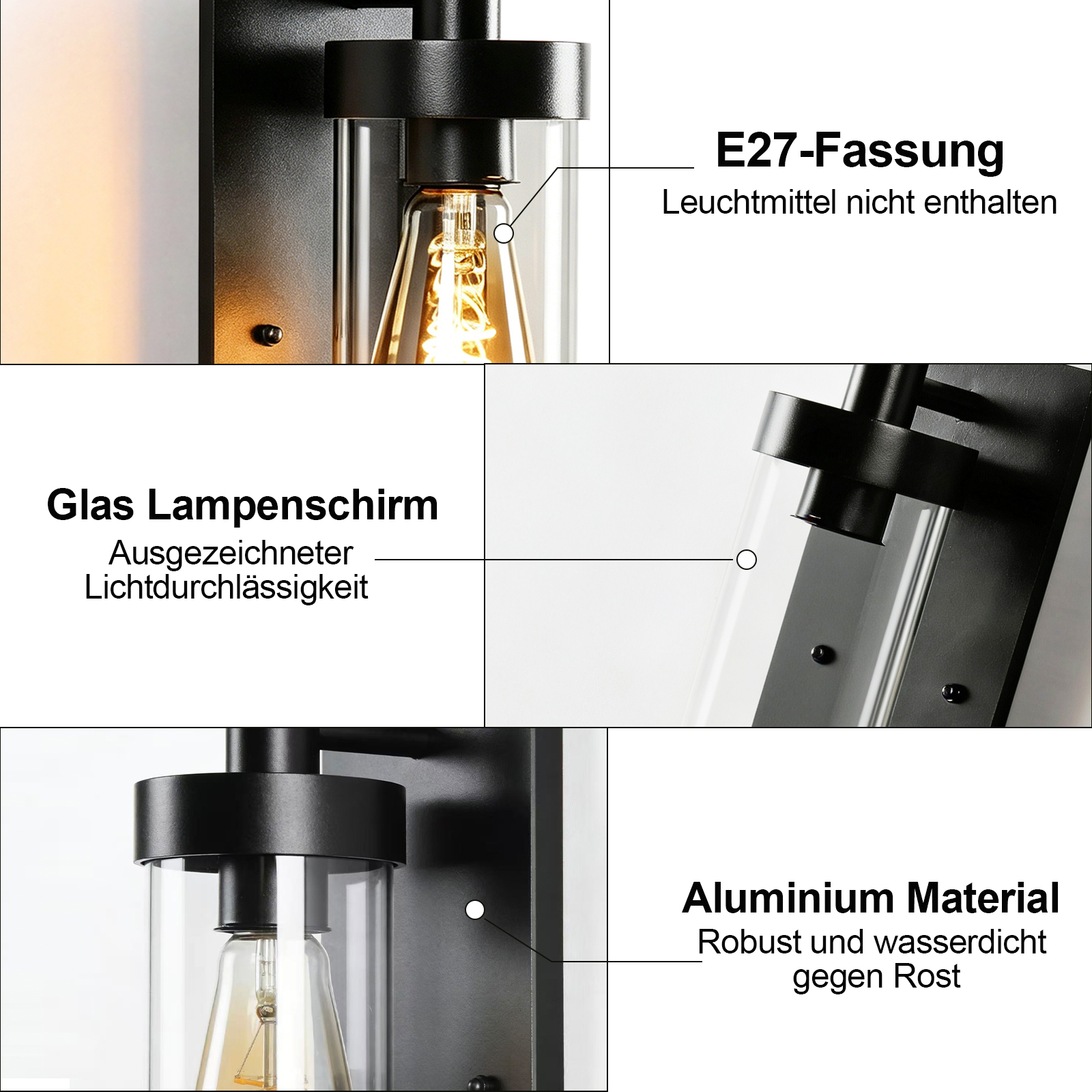 Schwarze Wandleuchte mit Glaszylinder und Glühbirne. Details zu Fassung, Glas und Material.
