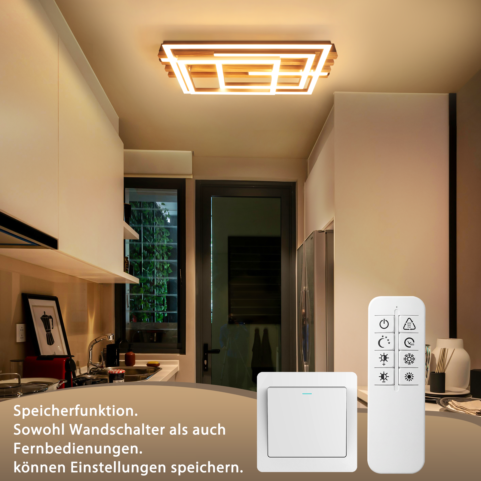 Moderne Küchenleuchte mit Fernbedienung und Wandschalter.