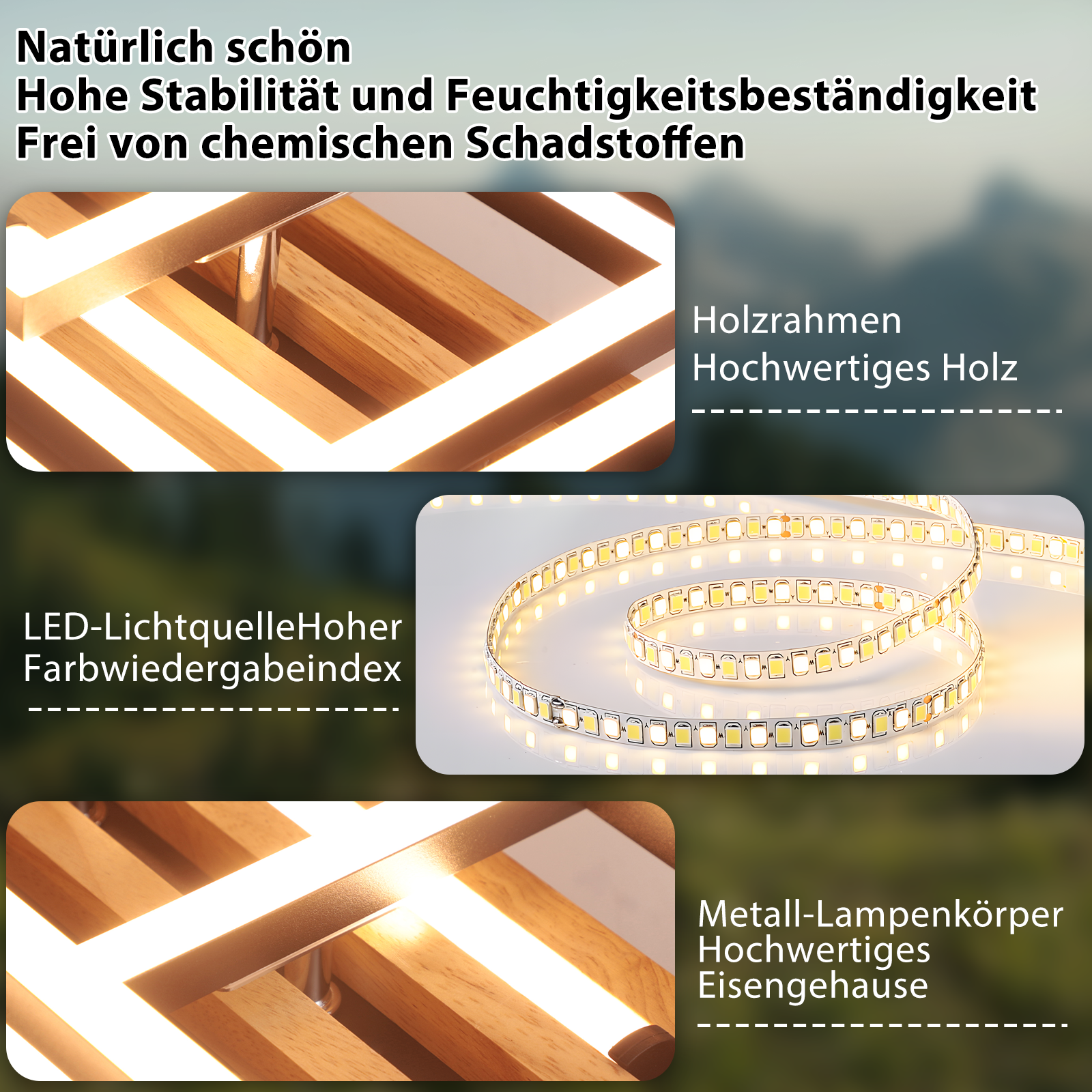 Holzrahmen mit LED-Beleuchtung und Metallteilen.