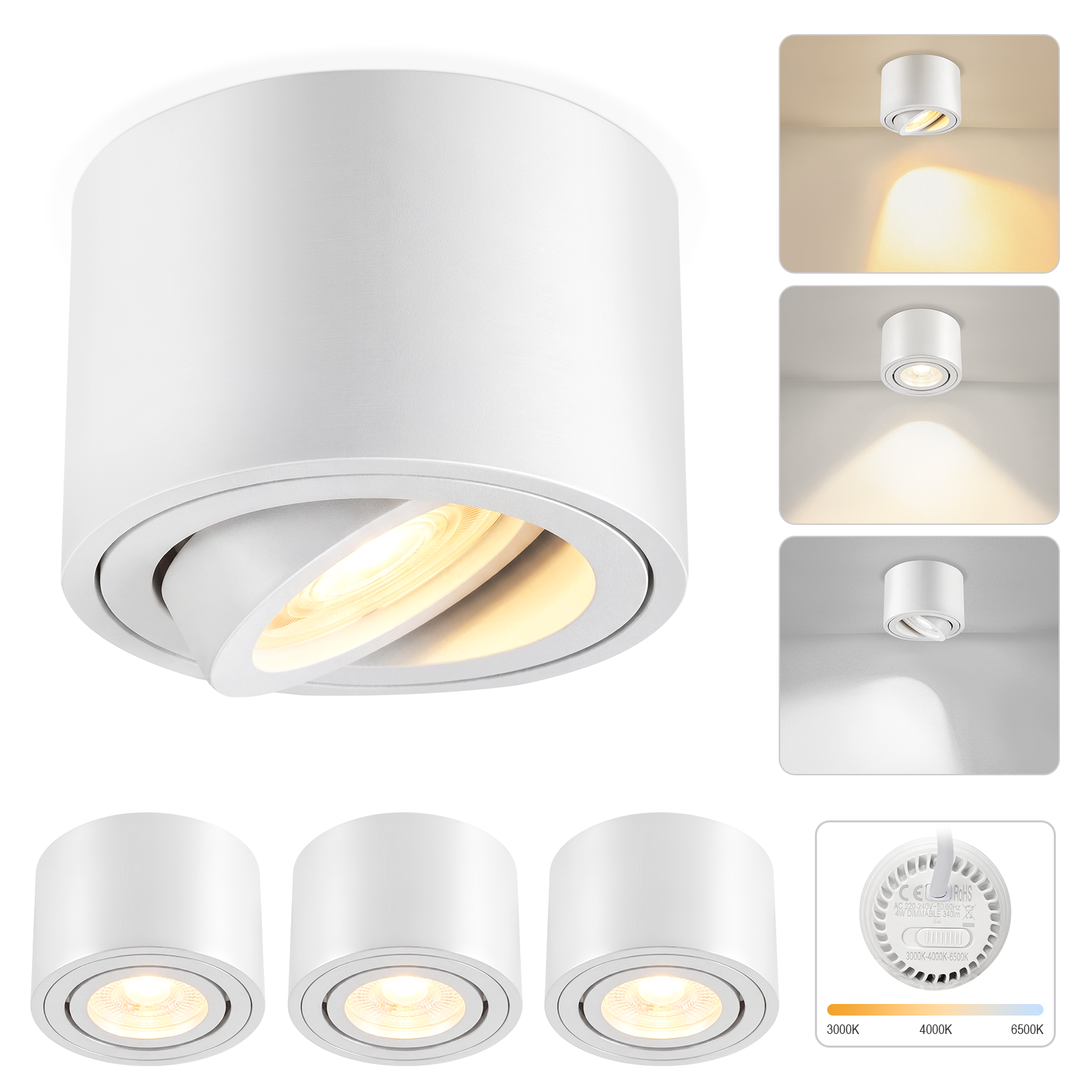 Luz de techo blanca con foco ajustable, mostrando diferentes colores de luz.