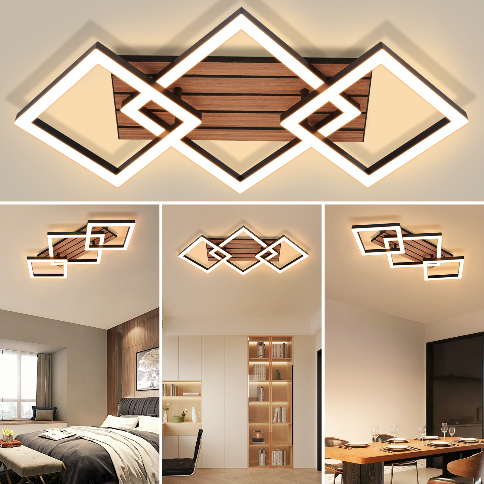 Ein moderner Deckenleuchter mit Holzmaserung und geometrischen Formen.