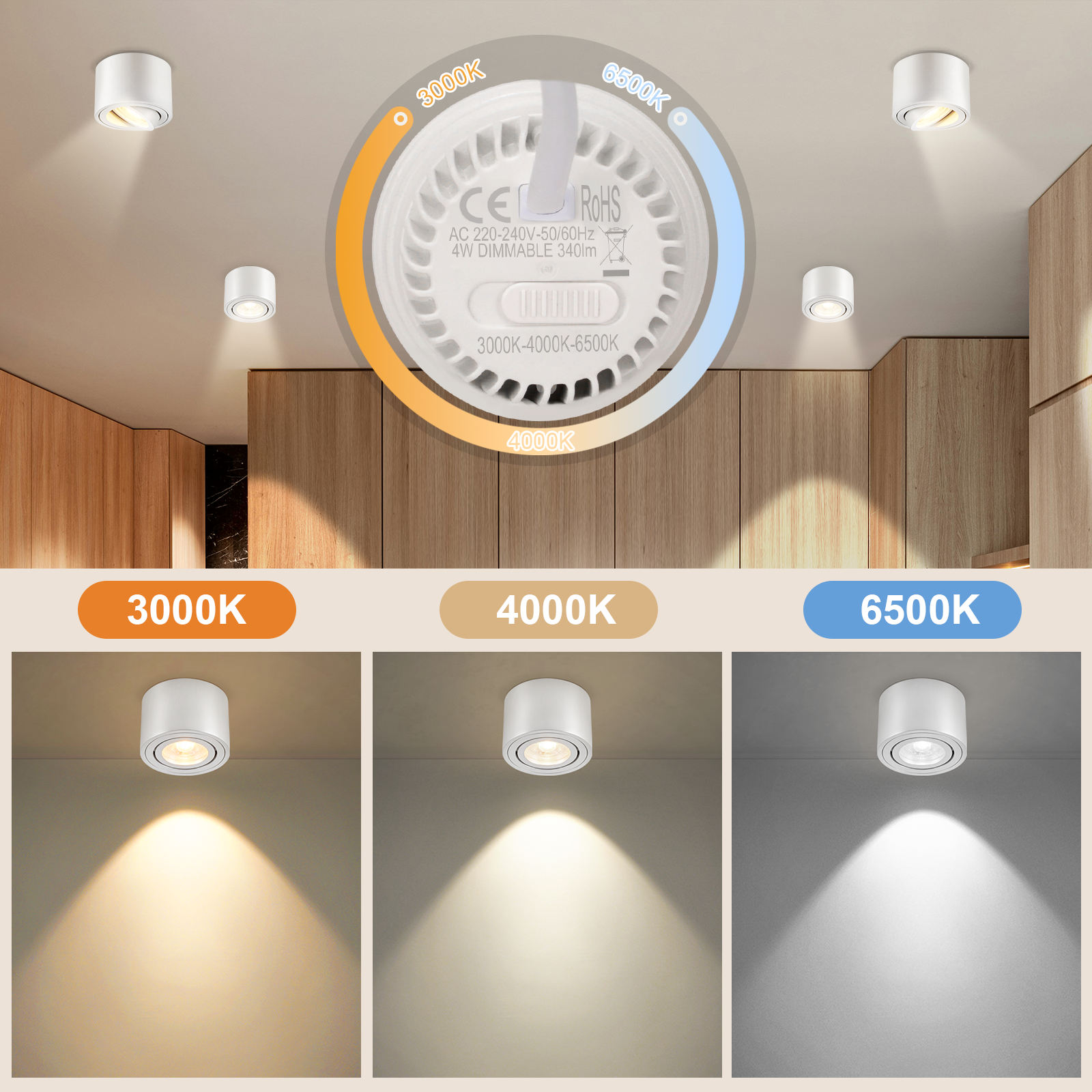 Luces de techo con temperatura de color ajustable (3000K, 4000K, 6500K).