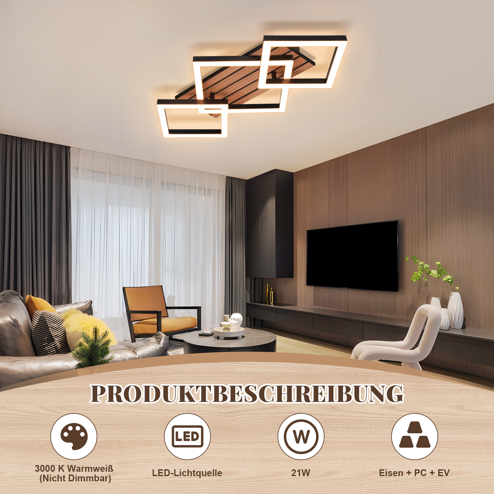 Modernes Wohnzimmer mit Deckenleuchte, Sofa, Sessel und Fernseher.