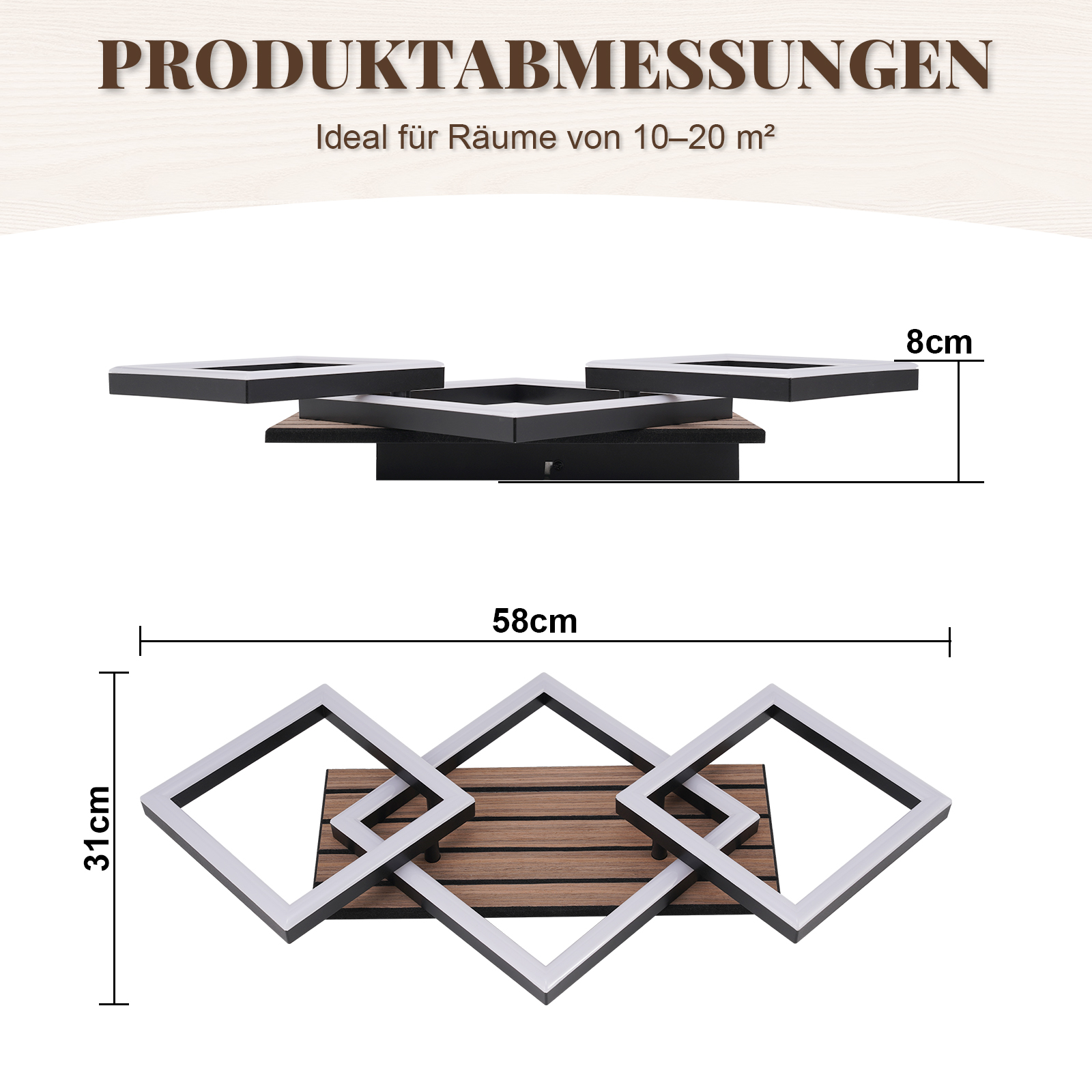 Dekoratives Wandobjekt mit drei verschlungenen Quadraten auf Holzbasis. Maße: 58x31x8cm.