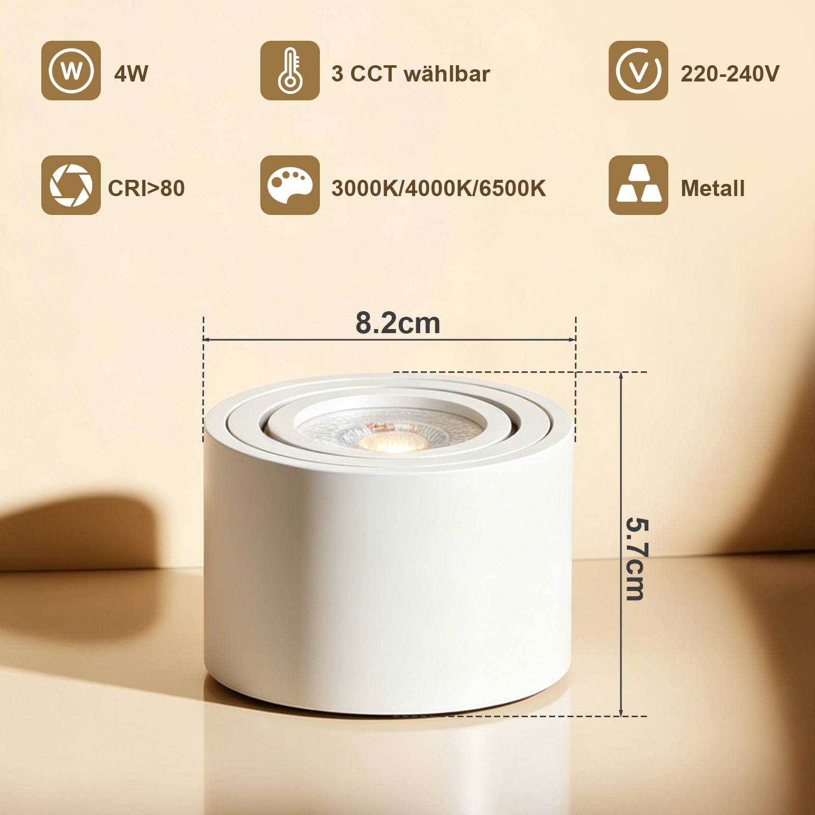 Luz de techo blanca, 4W, 8,2cm de ancho, 5,7cm de alto, 3 CCT seleccionable.