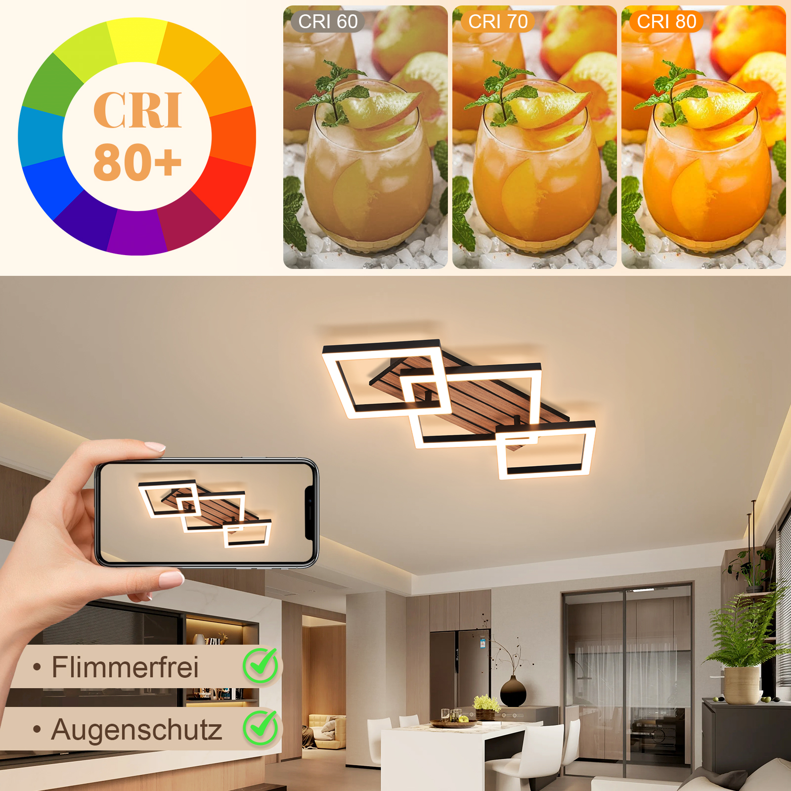 Moderne Deckenleuchte mit Holzdetails, gesteuert per Smartphone. Farbkranz und Getränke mit Früchten.