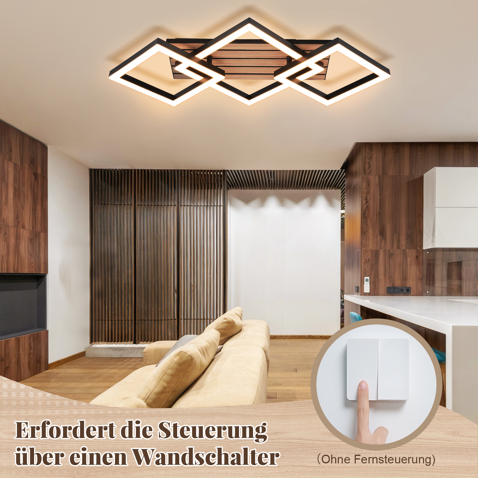 Moderne Deckenleuchte mit Holzakzenten und Wandsteuerungen im Wohnzimmer.