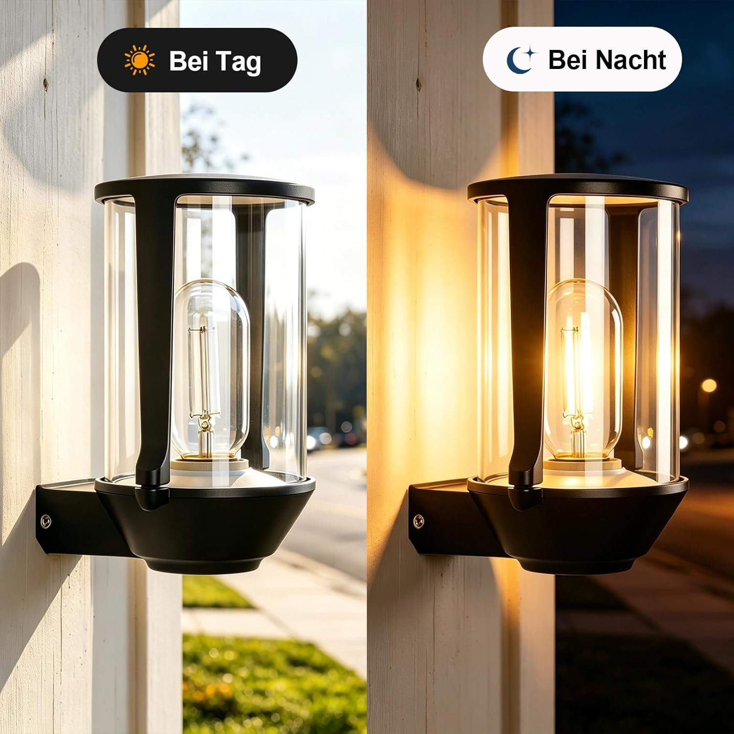 Eine Wandleuchte bei Tag und Nacht, mit sichtbarem Leuchtmittel.