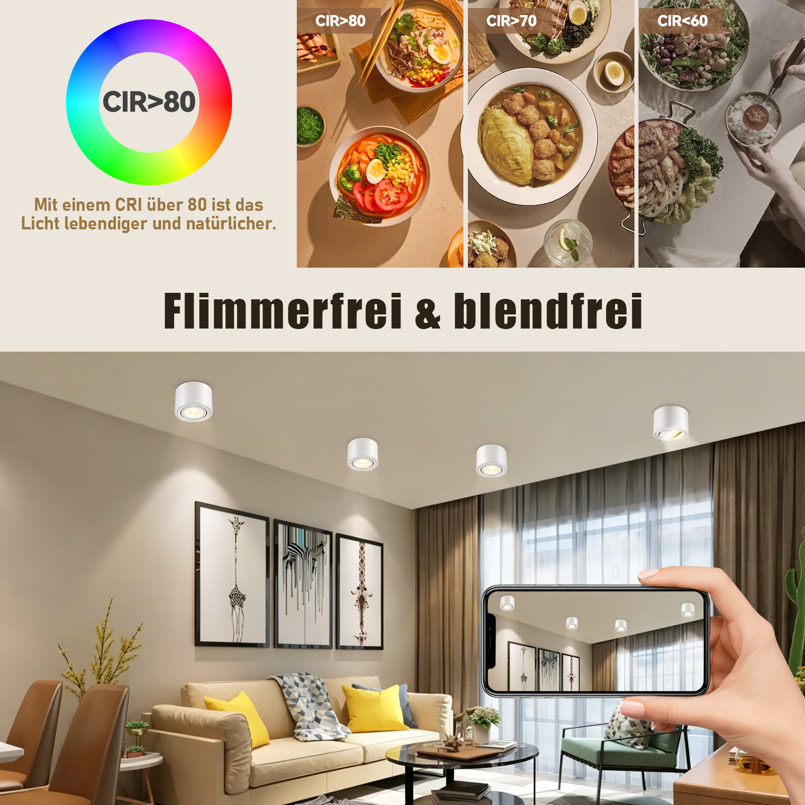 Una sala de estar con luces de techo, arte y un smartphone mostrando las luces.